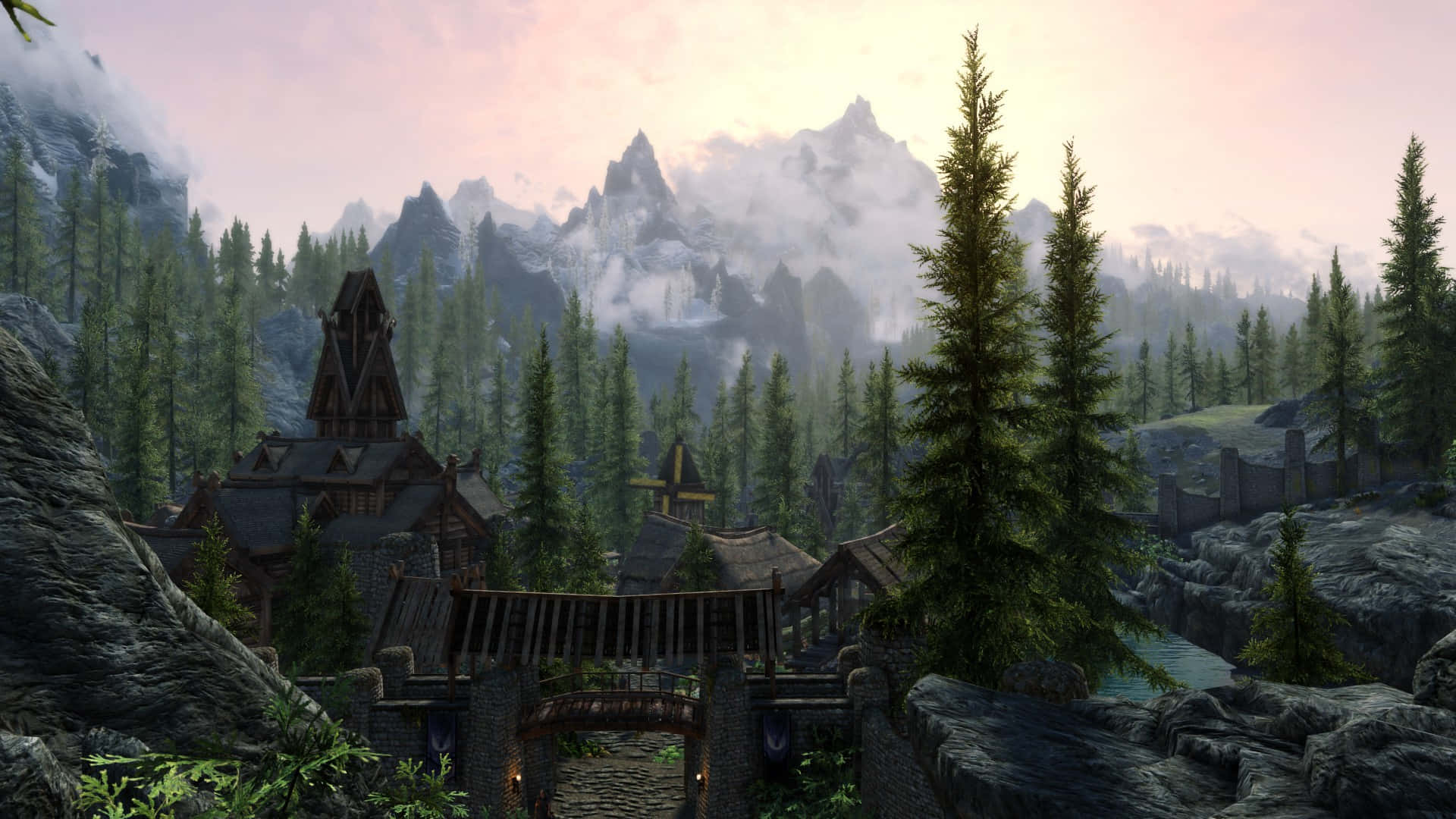 Skyrim Falkreath, rustic wooden village, misty mountain valley, Full HD Desktop Wallpaper