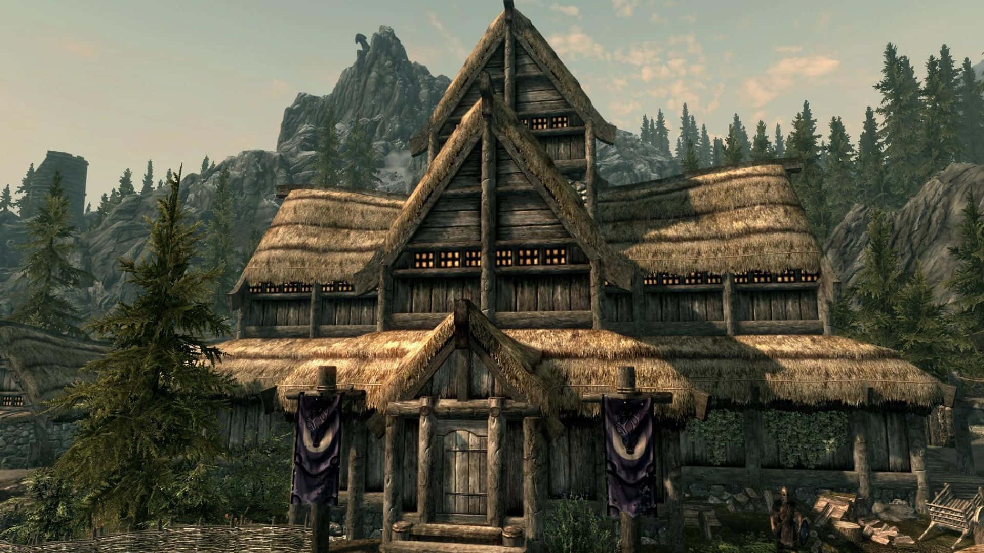 Skyrim, Falkreath, rustic wooden house, Full HD Desktop Wallpaper