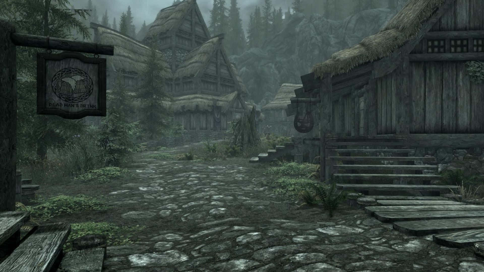 Skyrim, Falkreath, misty medieval village, Full HD Desktop Wallpaper