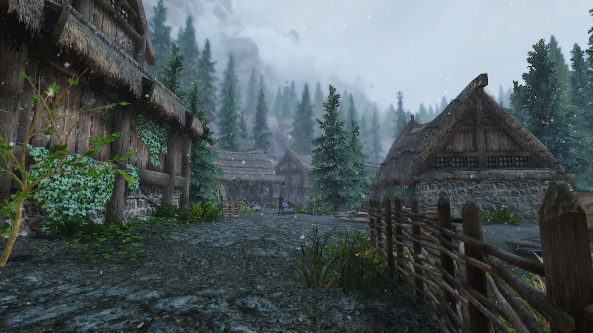 Skyrim, Falkreath, misty medieval village, Full HD Desktop Wallpaper