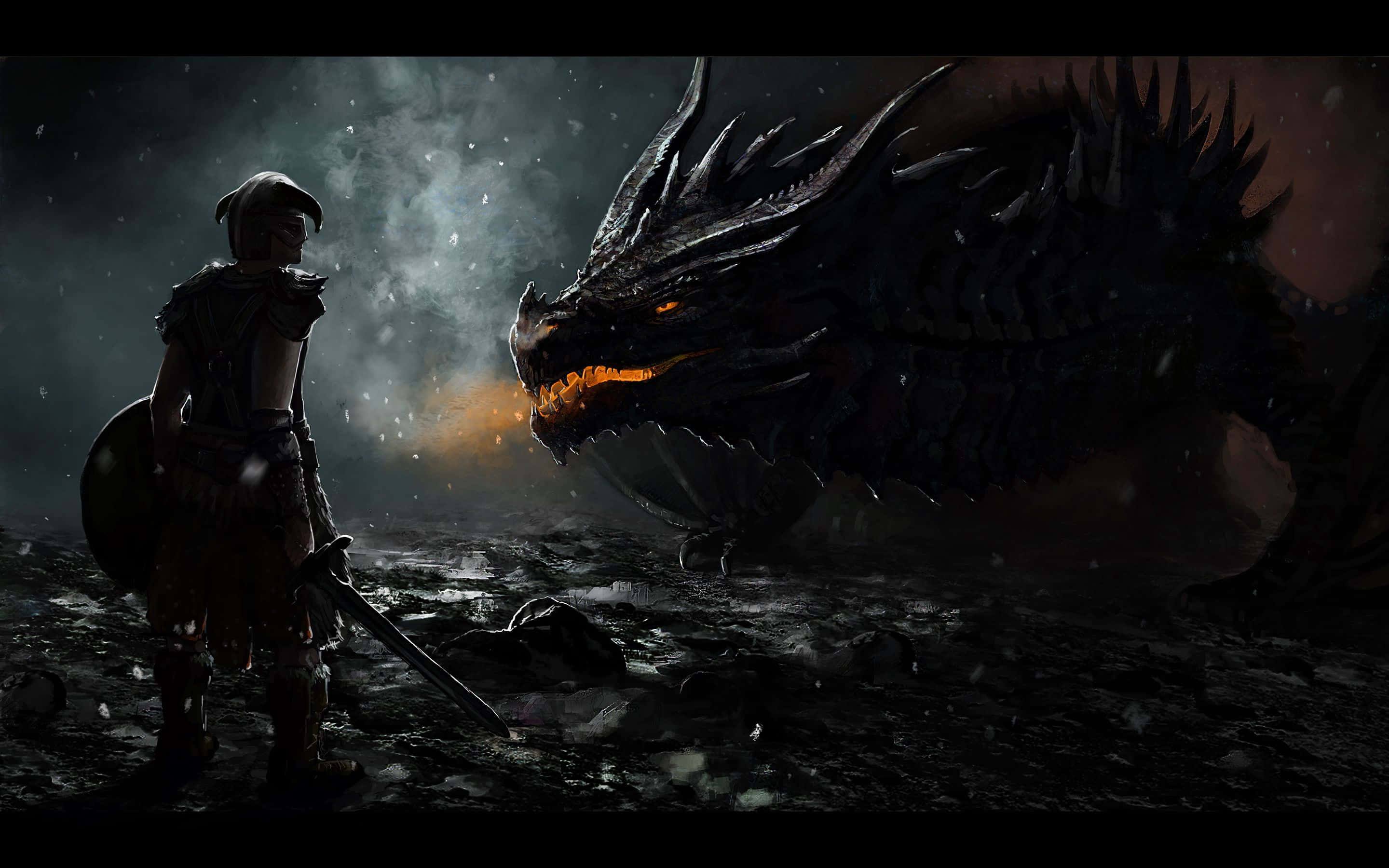Skyrim, black dragon, stormy battlefield, 2K Desktop Wallpaper