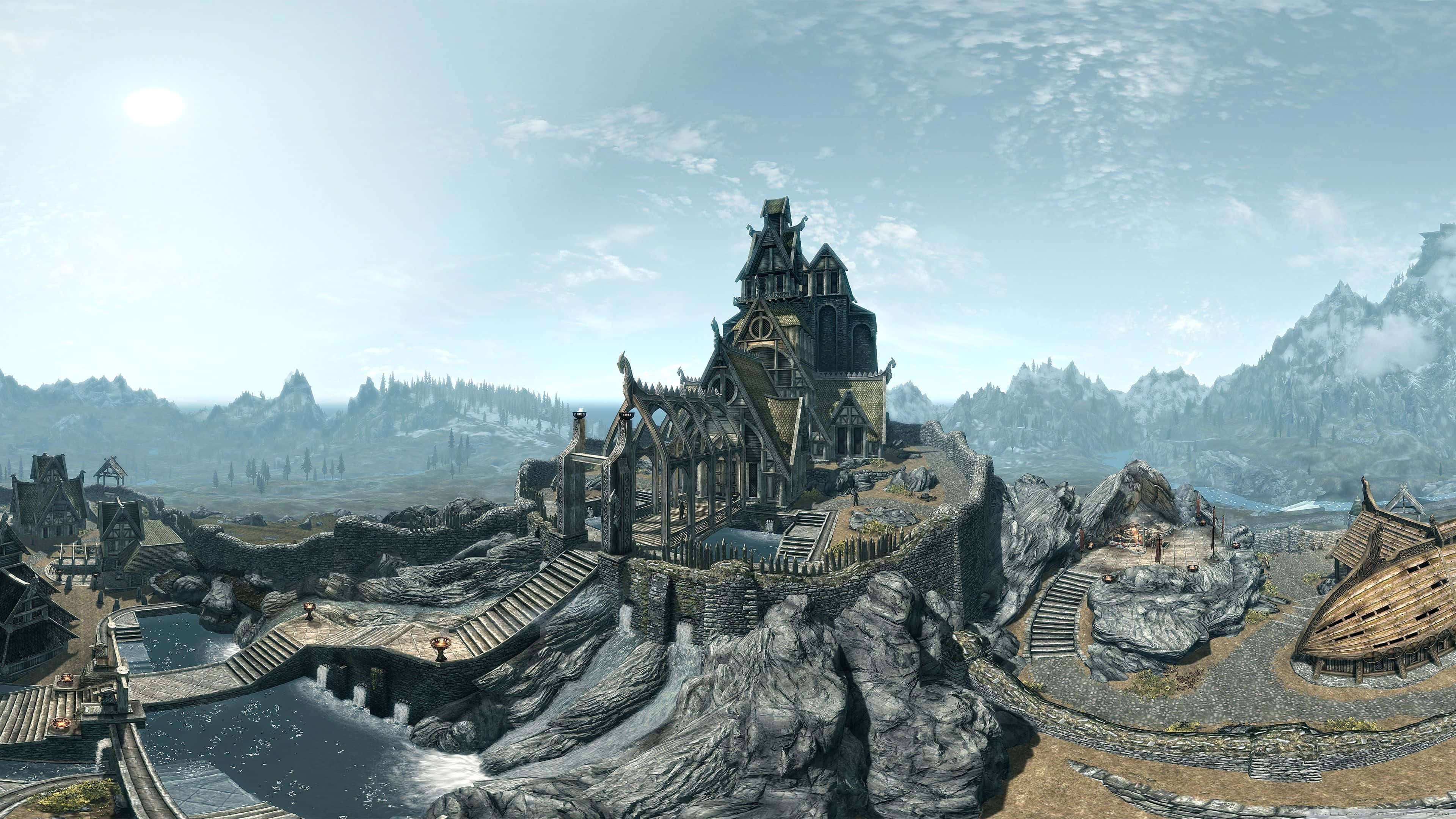 Skyrim, medieval castle, rocky cliffs, 4K Desktop Wallpaper