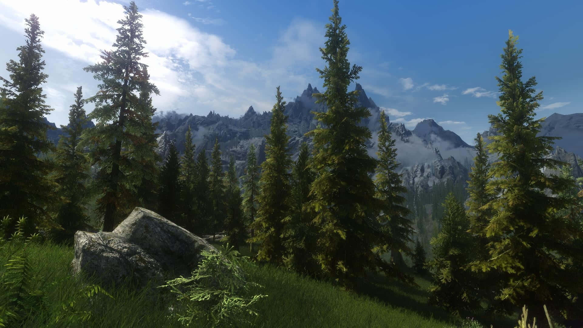 Skyrim, Falkreath, evergreen trees, Full HD Desktop Wallpaper