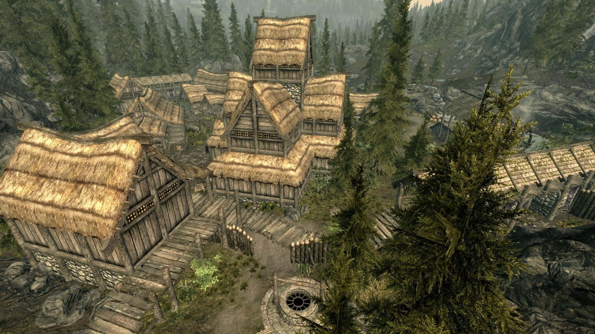 Skyrim Falkreath, rustic wooden village, thatched roofs, Full HD Desktop Wallpaper