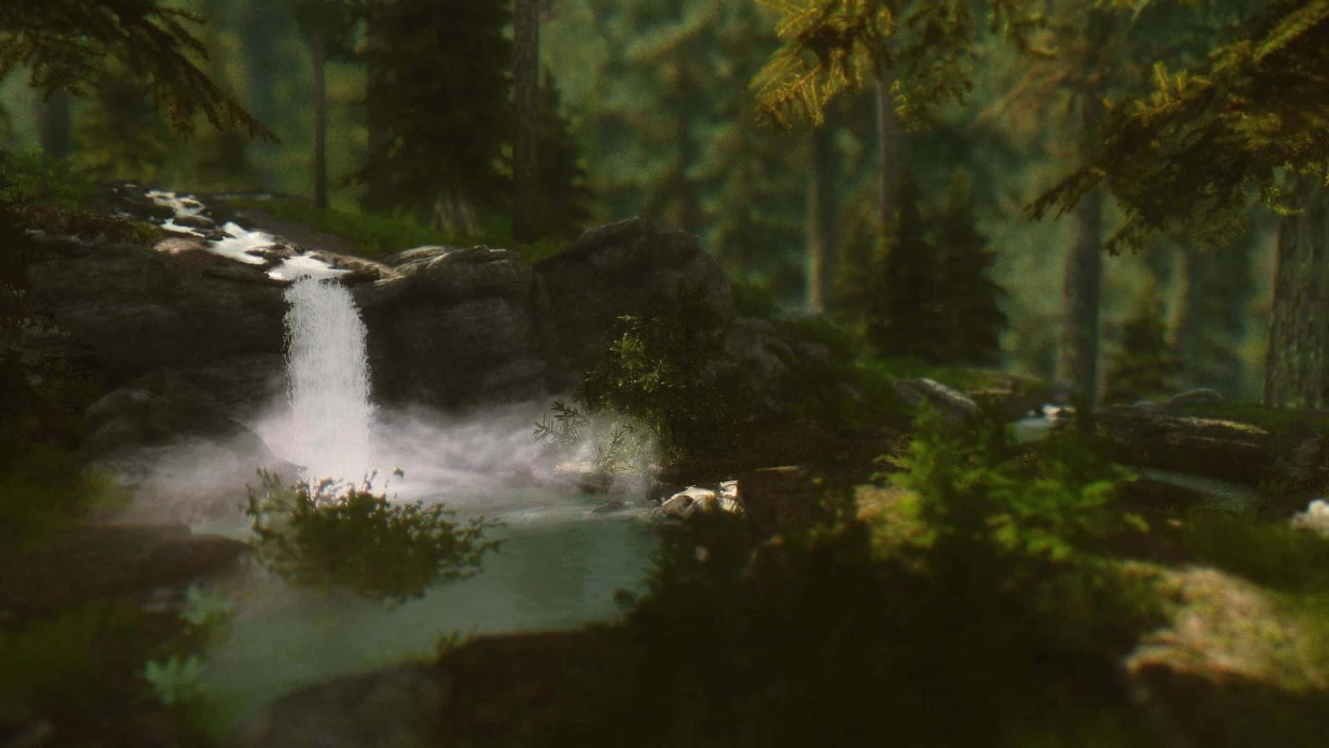 Skyrim Falkreath, forest waterfall, mossy rocks, Full HD Desktop Wallpaper