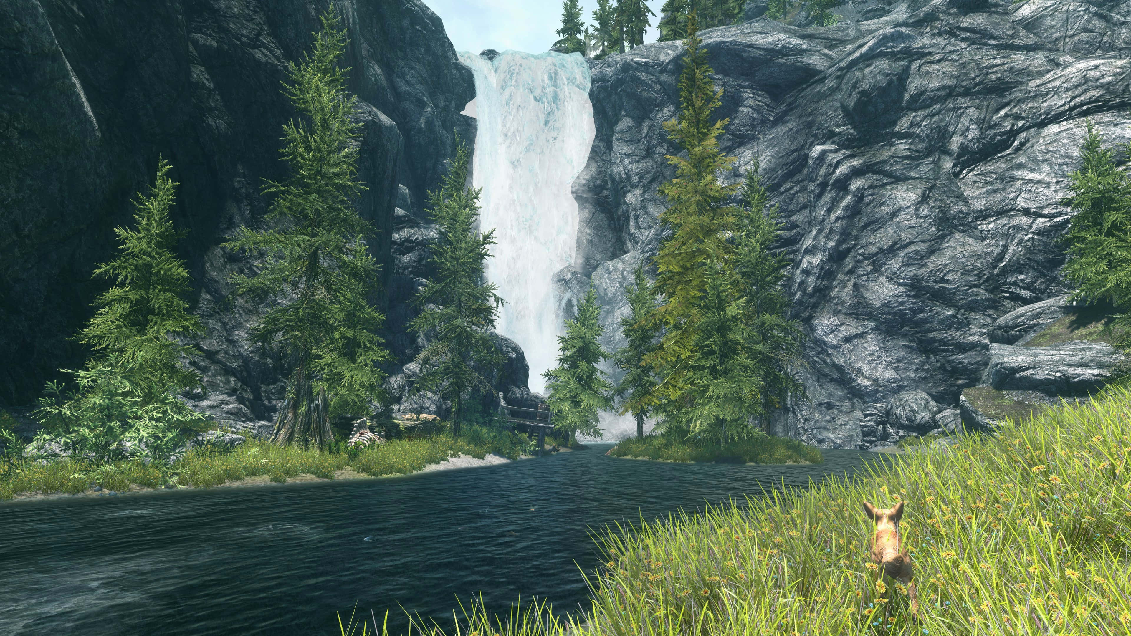 Skyrim Landscape, rocky waterfalls, rugged cliffs, 4K Desktop Wallpaper