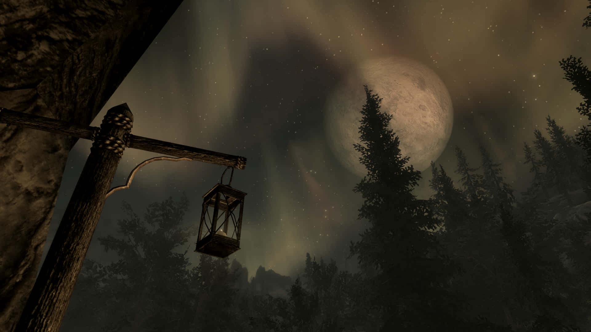 Skyrim Landscape, Full Moon, misty forest, Full HD Desktop Wallpaper