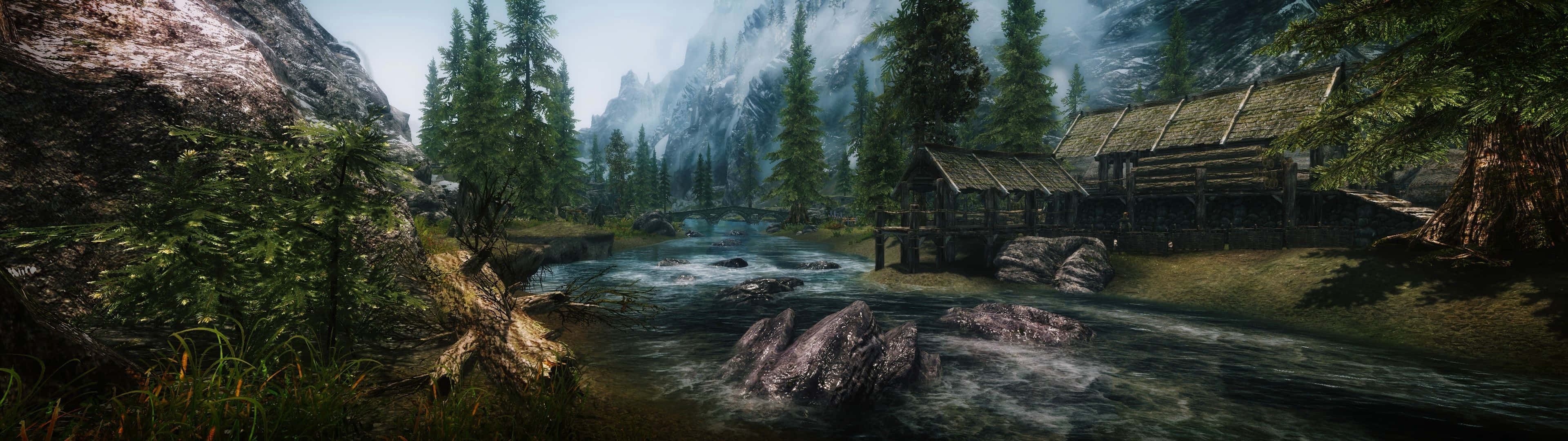Skyrim, rustic wooden cabin, rushing river, 4K Desktop Wallpaper
