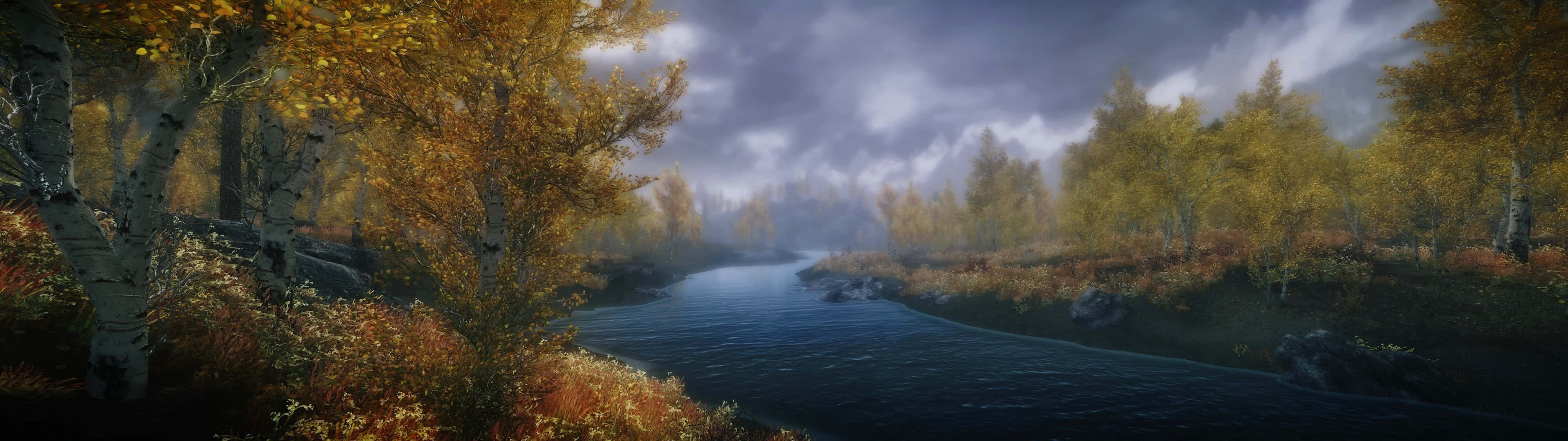 Skyrim Landscape, long river, autumn, 4K Desktop Wallpaper