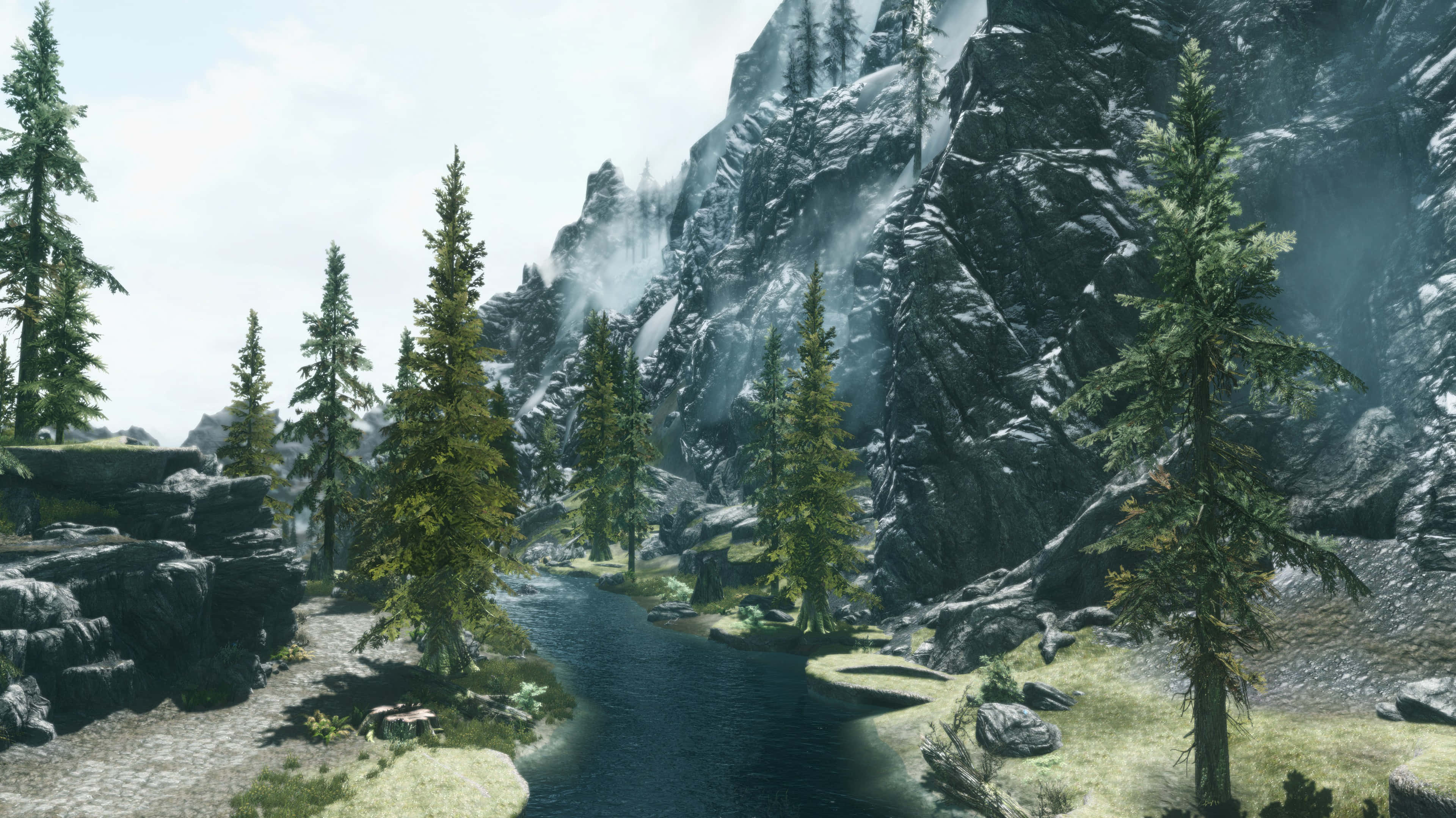 Skyrim Landscape, mountain valley, winding river, 4K Desktop Wallpaper