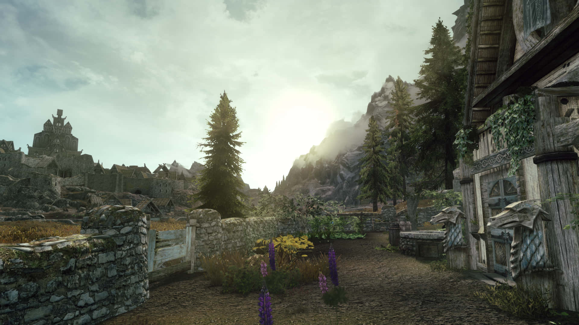 Skyrim, rustic stone path, medieval village, Full HD Desktop Wallpaper