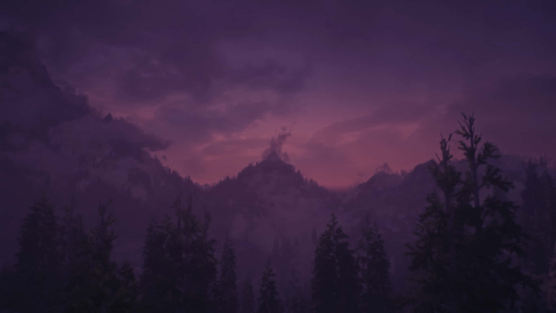 Skyrim, Misty Dark Mountain Landscape, purple twilight, Full HD Desktop Wallpaper