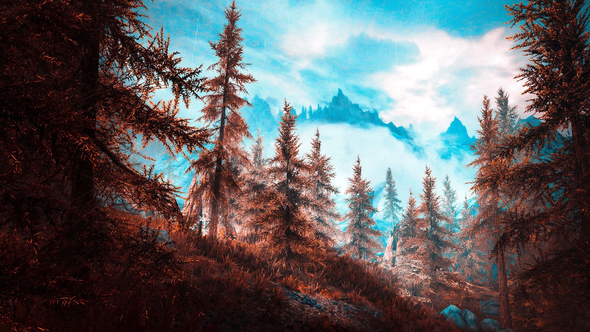 Skyrim Landscape, pine trees, mountain valley, Full HD Desktop Wallpaper