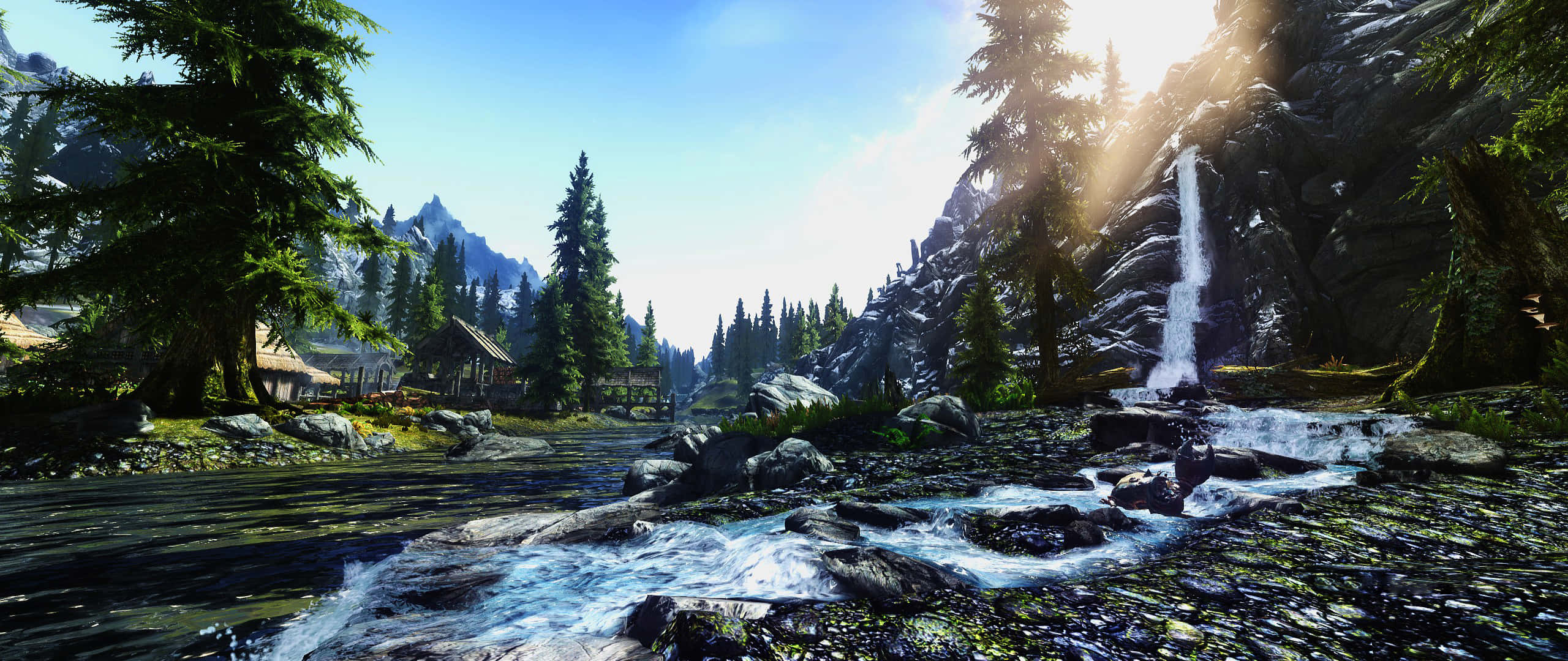 Skyrim Landscape, mountain valley, rushing river, 2K Desktop Wallpaper