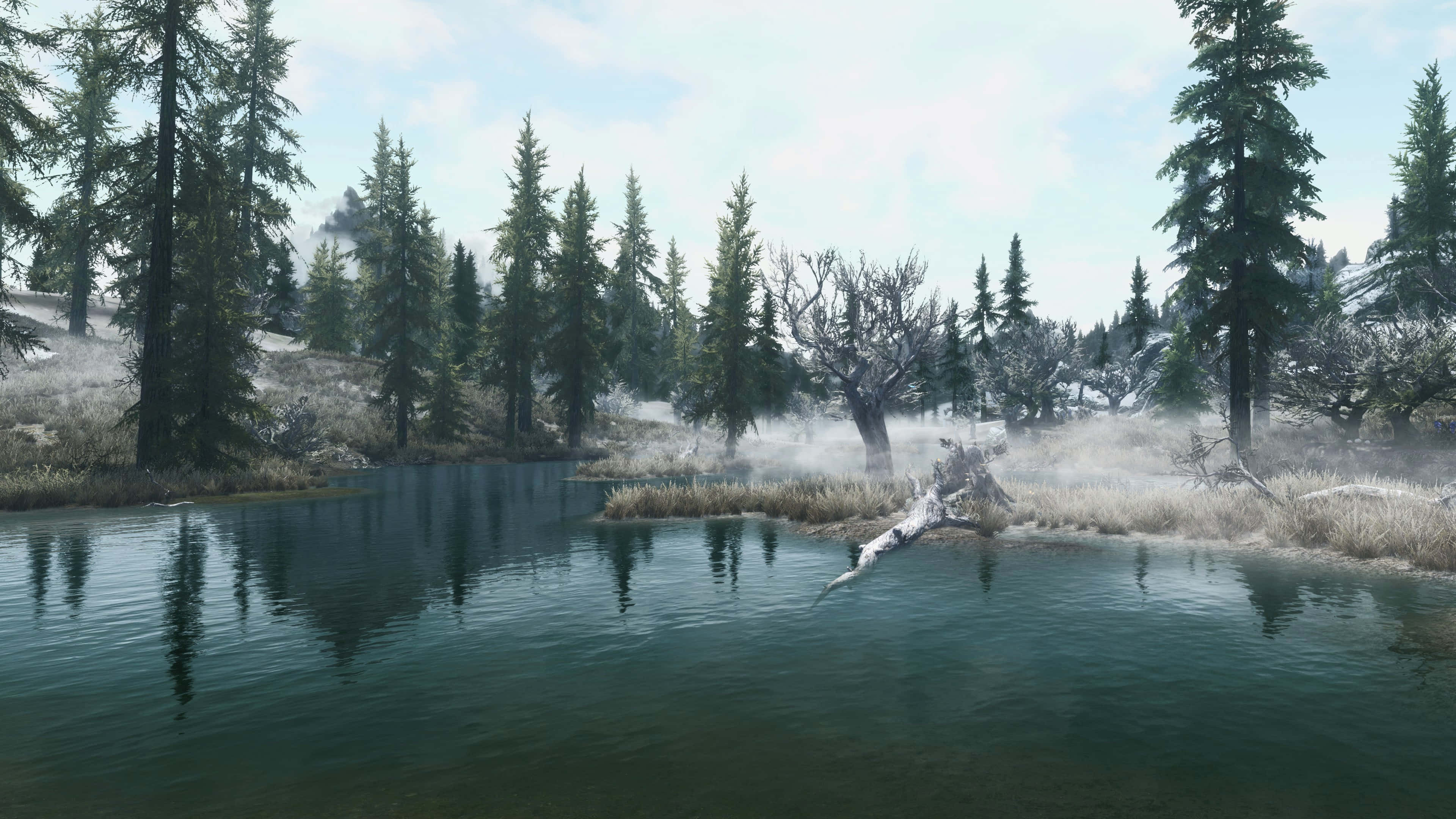 Skyrim Landscape, misty winter lake, snow-dusted evergreen trees, 4K Desktop Wallpaper