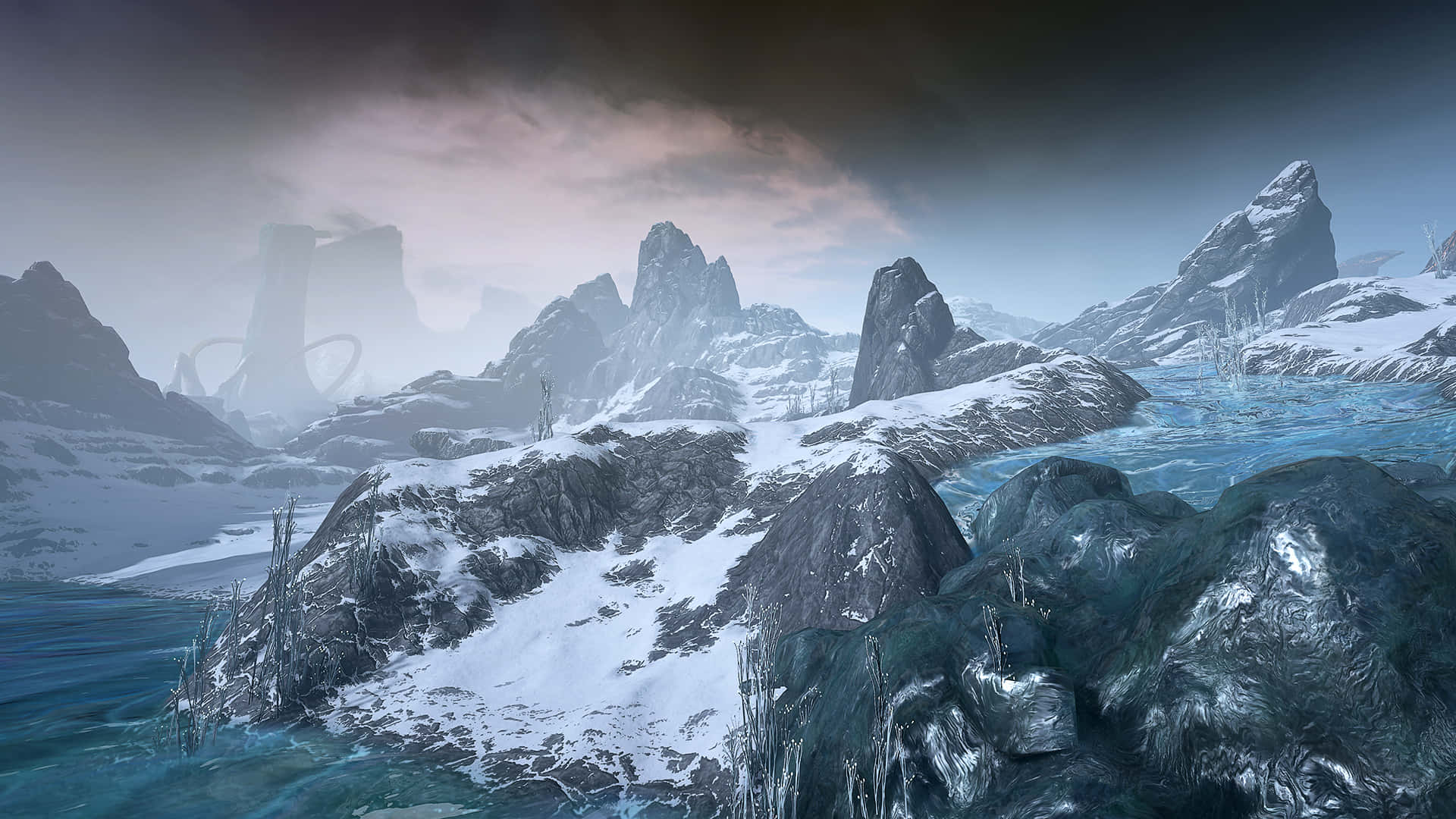 Skyrim Landscape, snow-capped jagged mountains, icy waters, Full HD Desktop Wallpaper