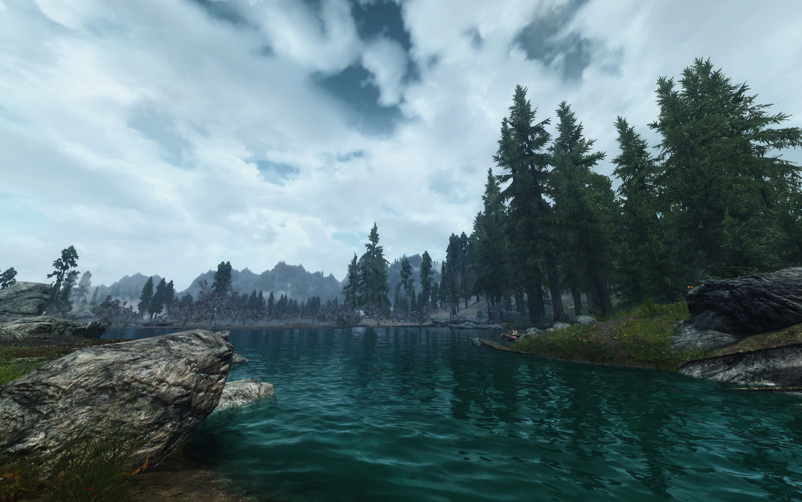 Skyrim Landscape, Calm River, lake, 2K Desktop Wallpaper