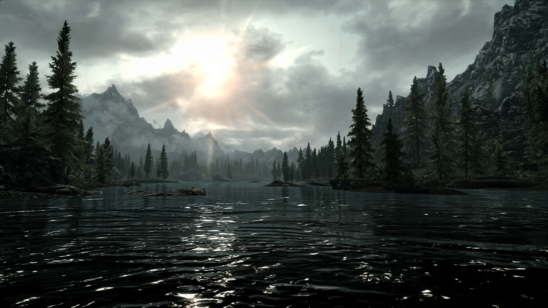 Skyrim, mountain lake, sun, Full HD Desktop Wallpaper