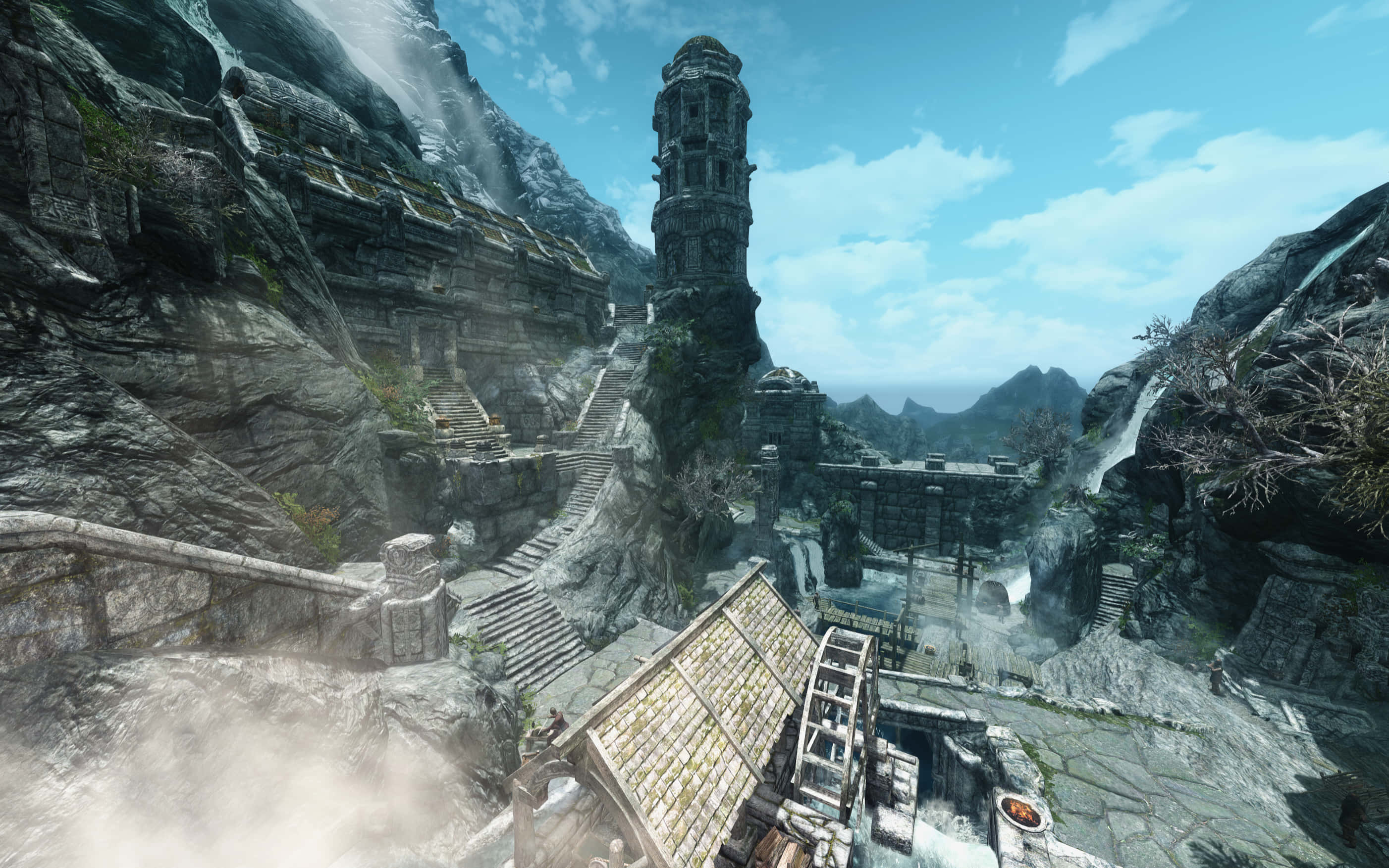 Skyrim Landscape, Old Stone Structure, misty mountain cliffs, 2K Desktop Wallpaper