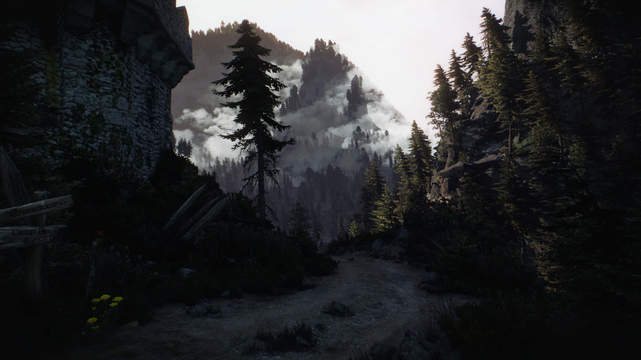 Skyrim, smoky mountain, mist forest path, Full HD Desktop Wallpaper