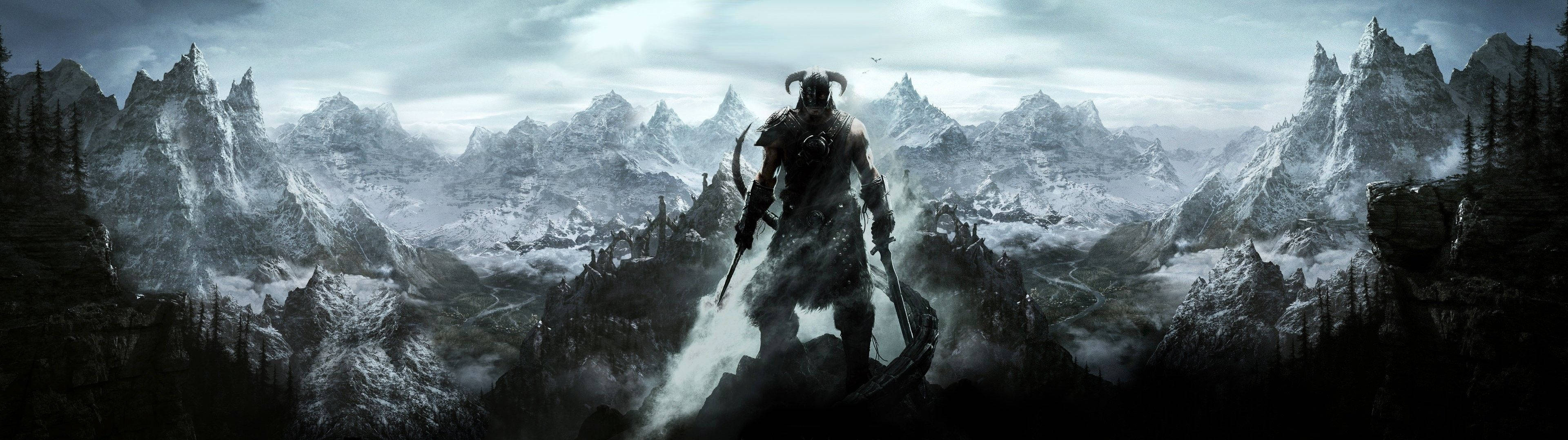 Skyrim, gaming dual screen, armored warrior, 4K Desktop Wallpaper