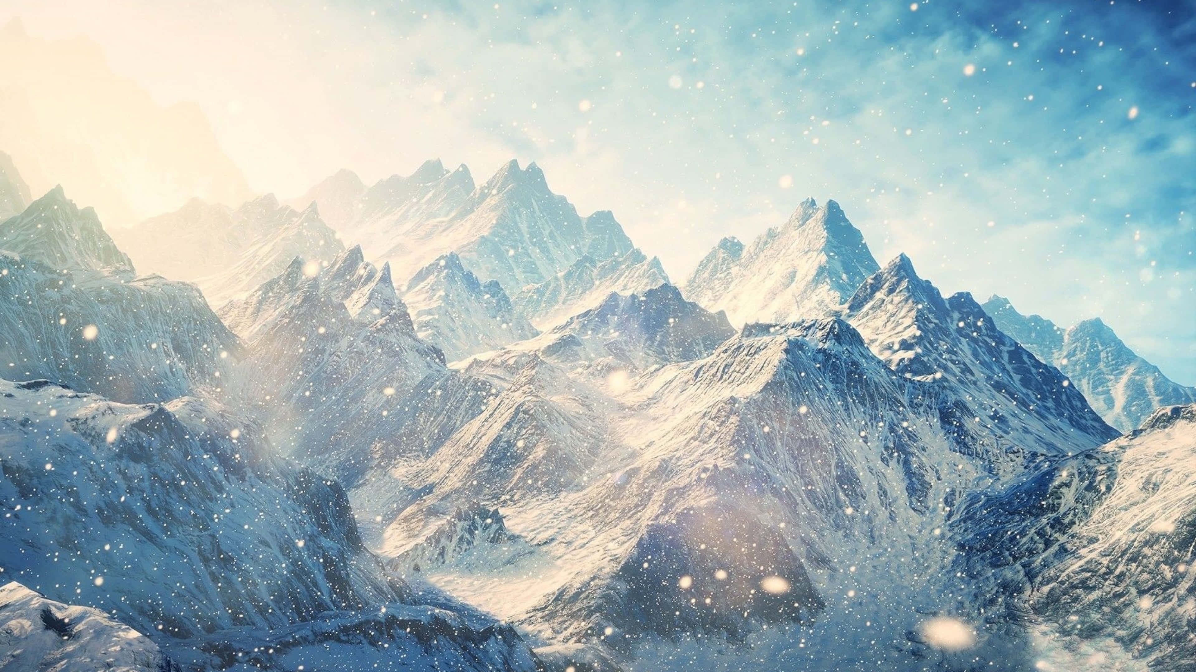 Skyrim Landscape, snowflakes, soft sunlight, 4K Desktop Wallpaper