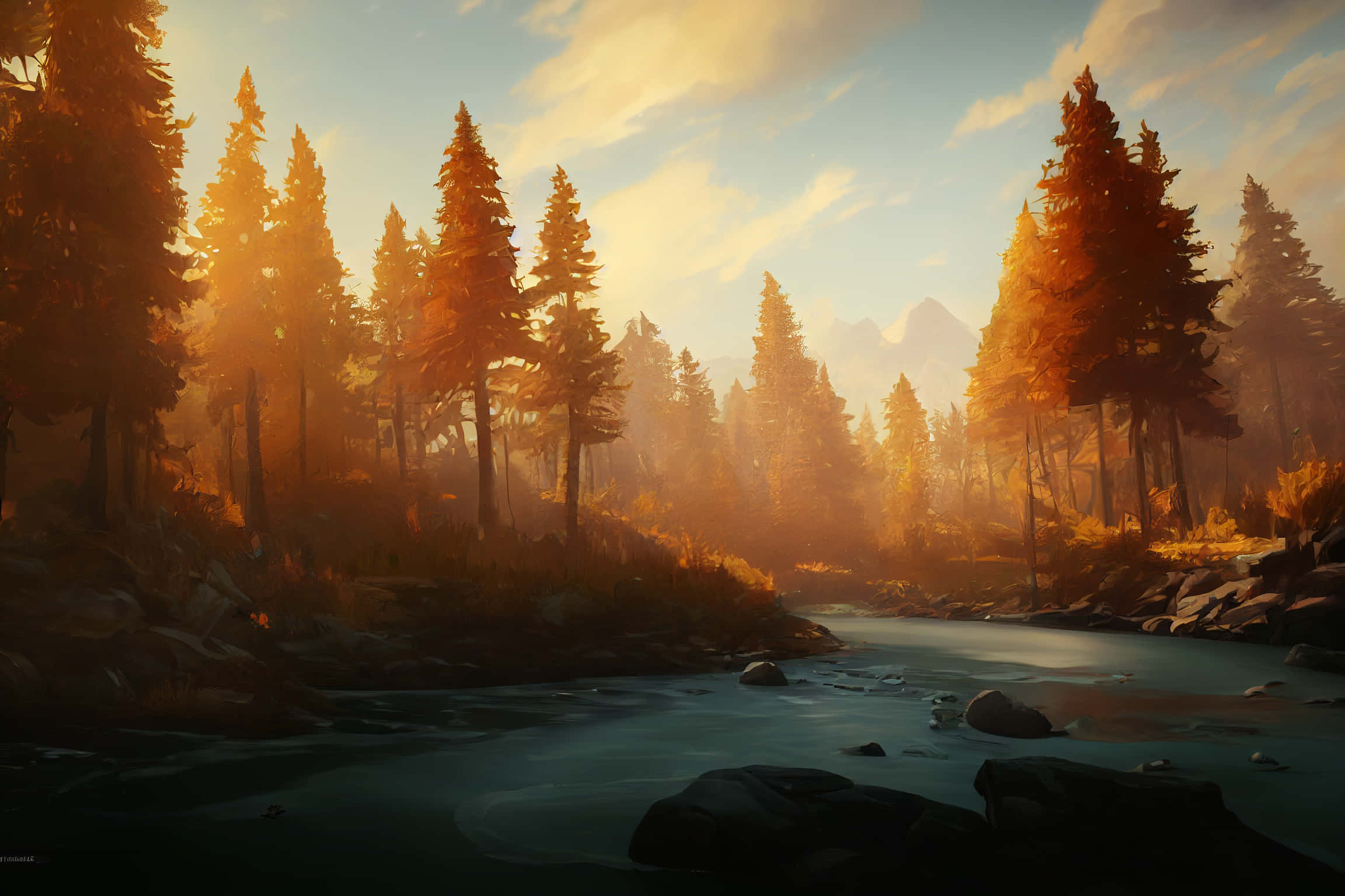 Skyrim Landscape, river, trees, Full HD Desktop Wallpaper