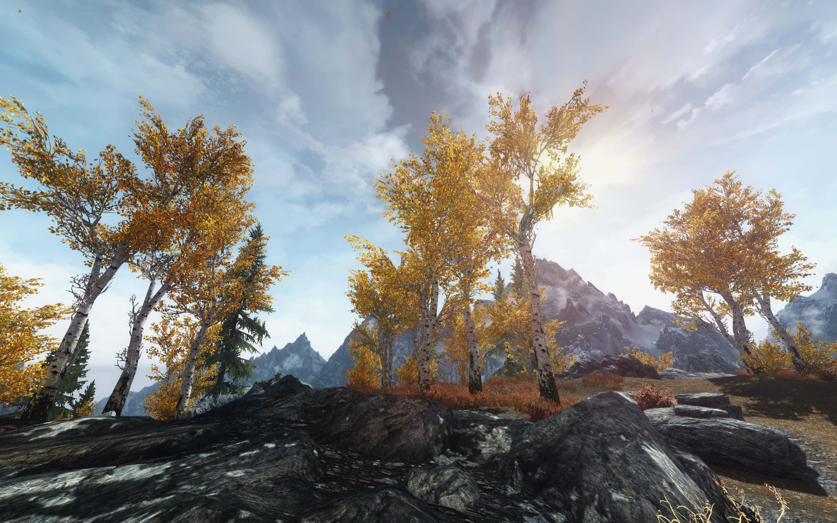 Skyrim Landscape, golden aspen trees, mountain valley, 2K Desktop Wallpaper