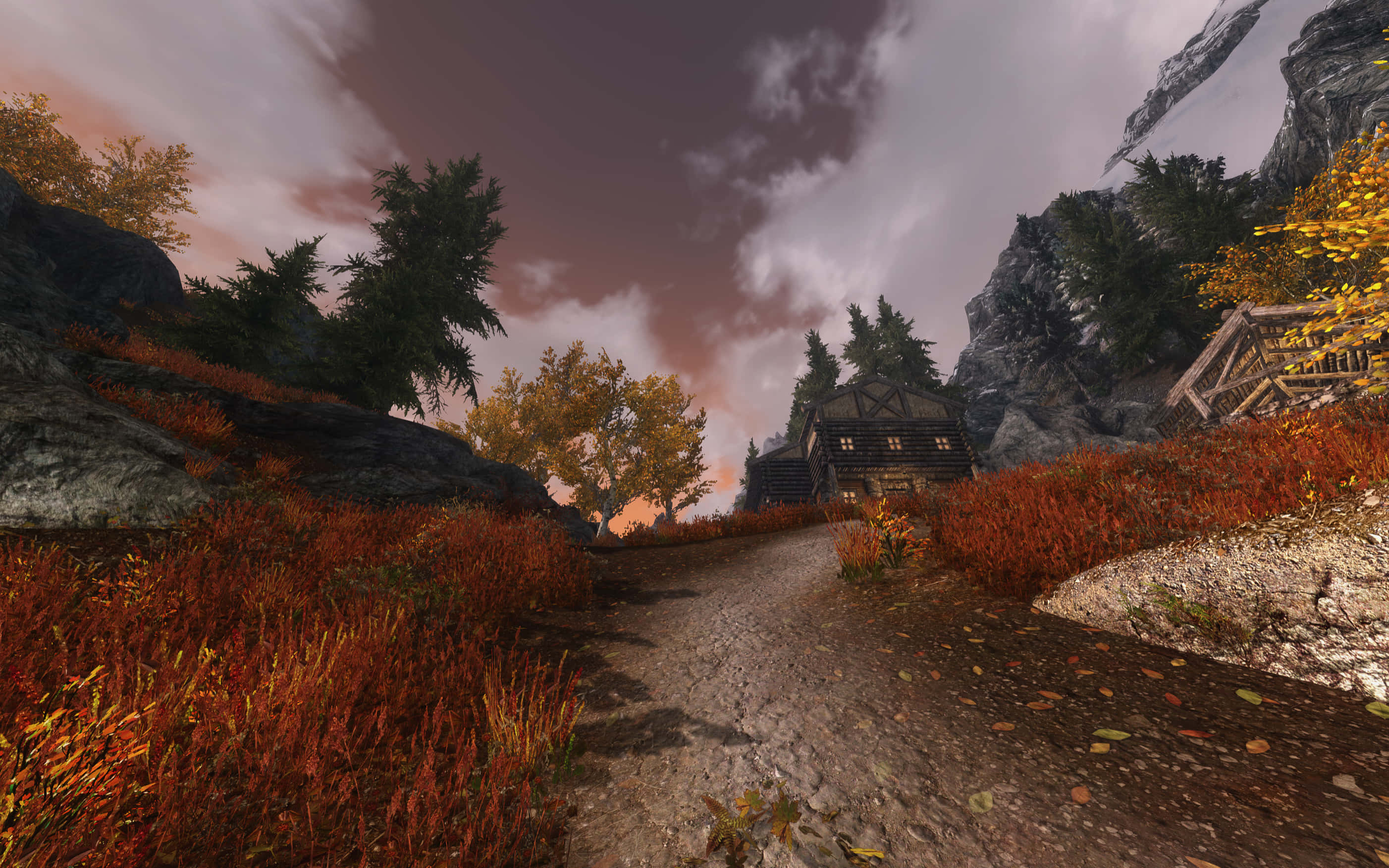 Skyrim Landscape, uphill wooden house, rustic wooden cabin, 2K Desktop Wallpaper