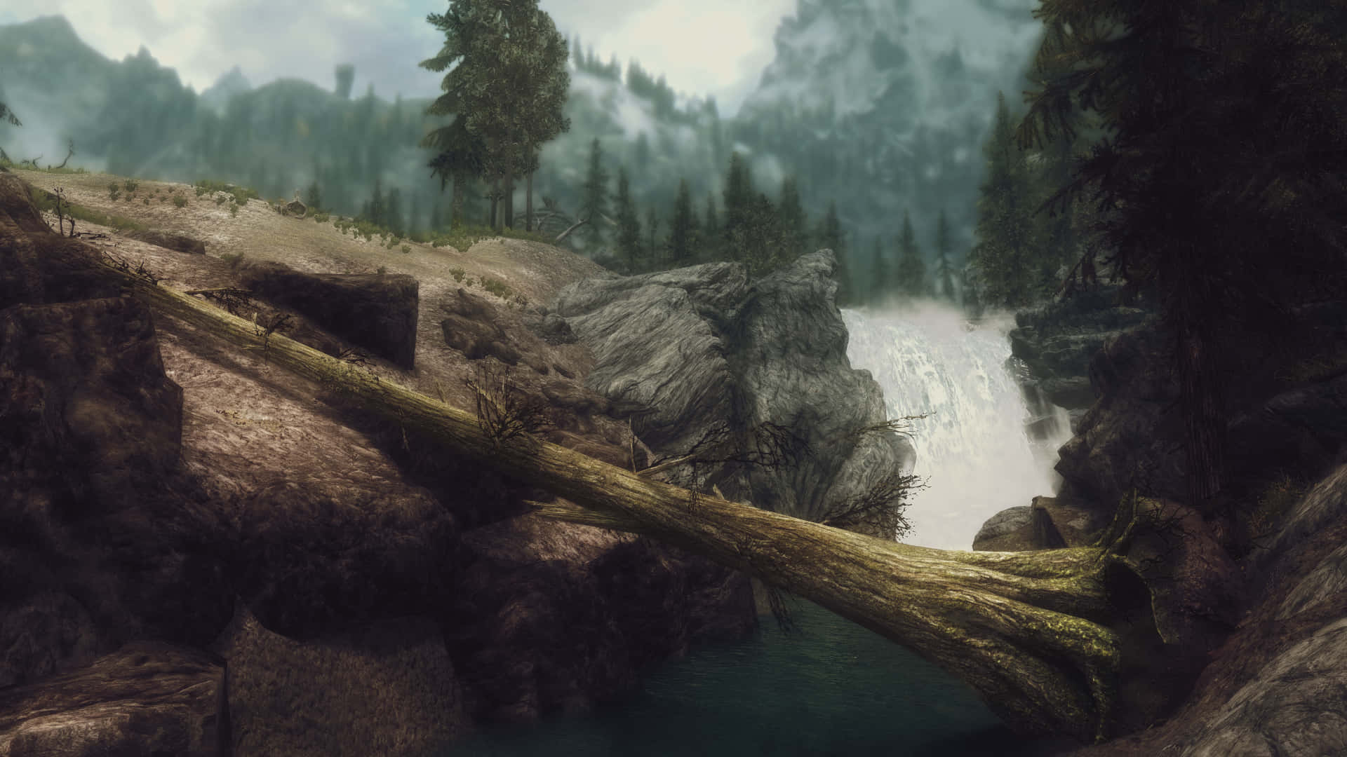 Skyrim Landscape, misty mountain gorge, fallen log, Full HD Desktop Wallpaper