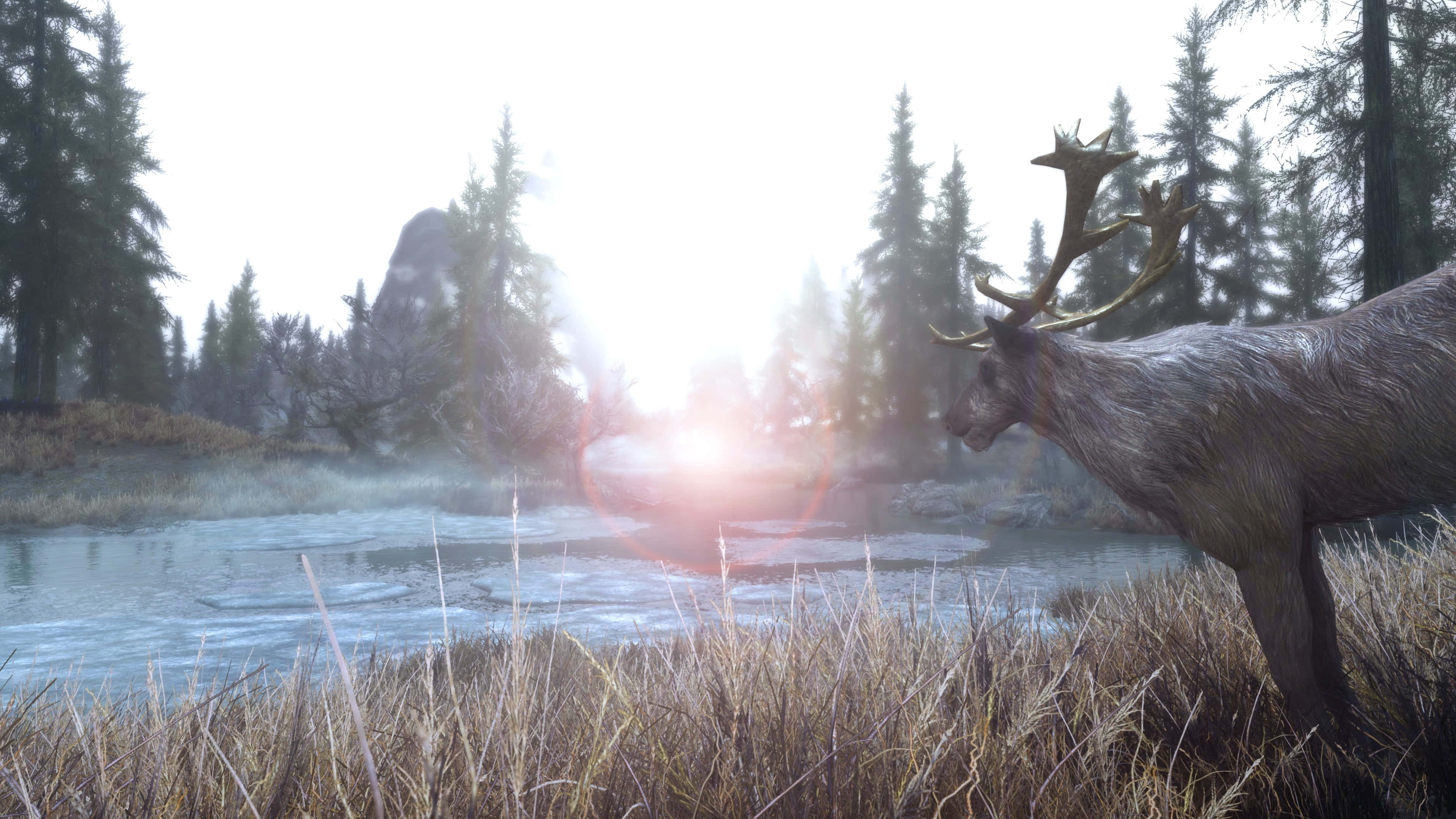 Skyrim Landscape, stag, misty river, 4K Desktop Wallpaper