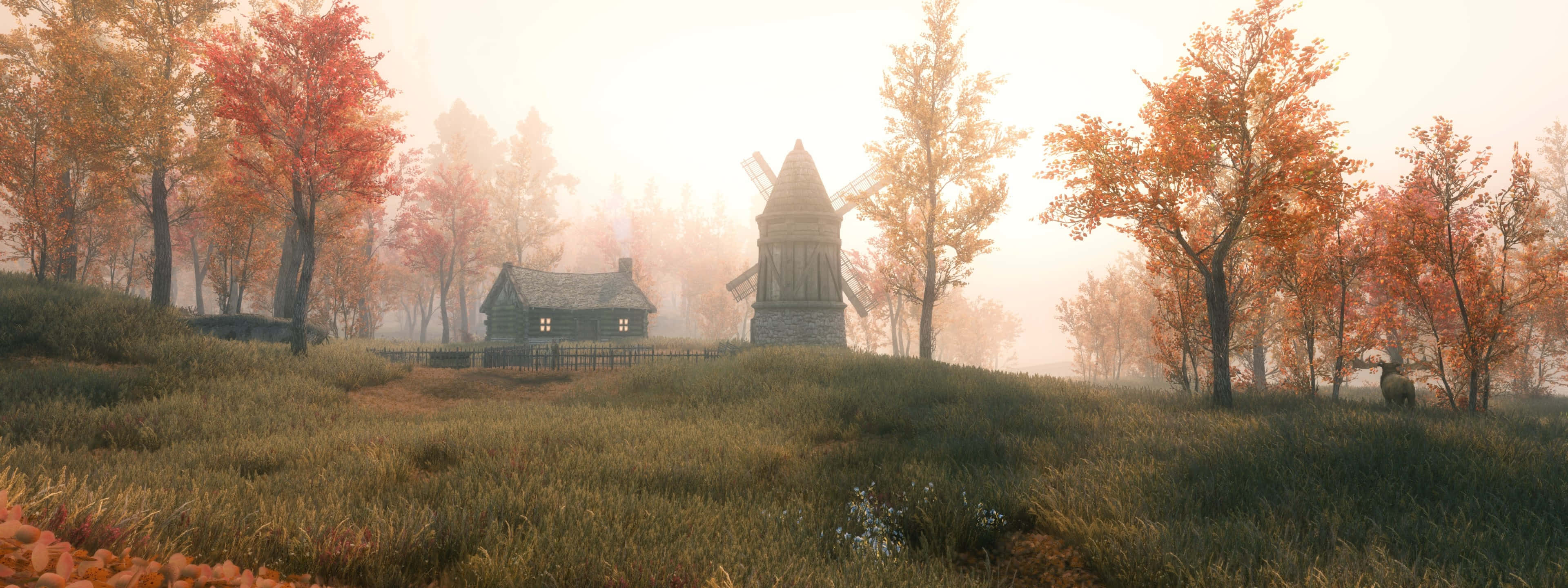 Skyrim Landscape, rustic wooden house, windmill, 4K Desktop Wallpaper