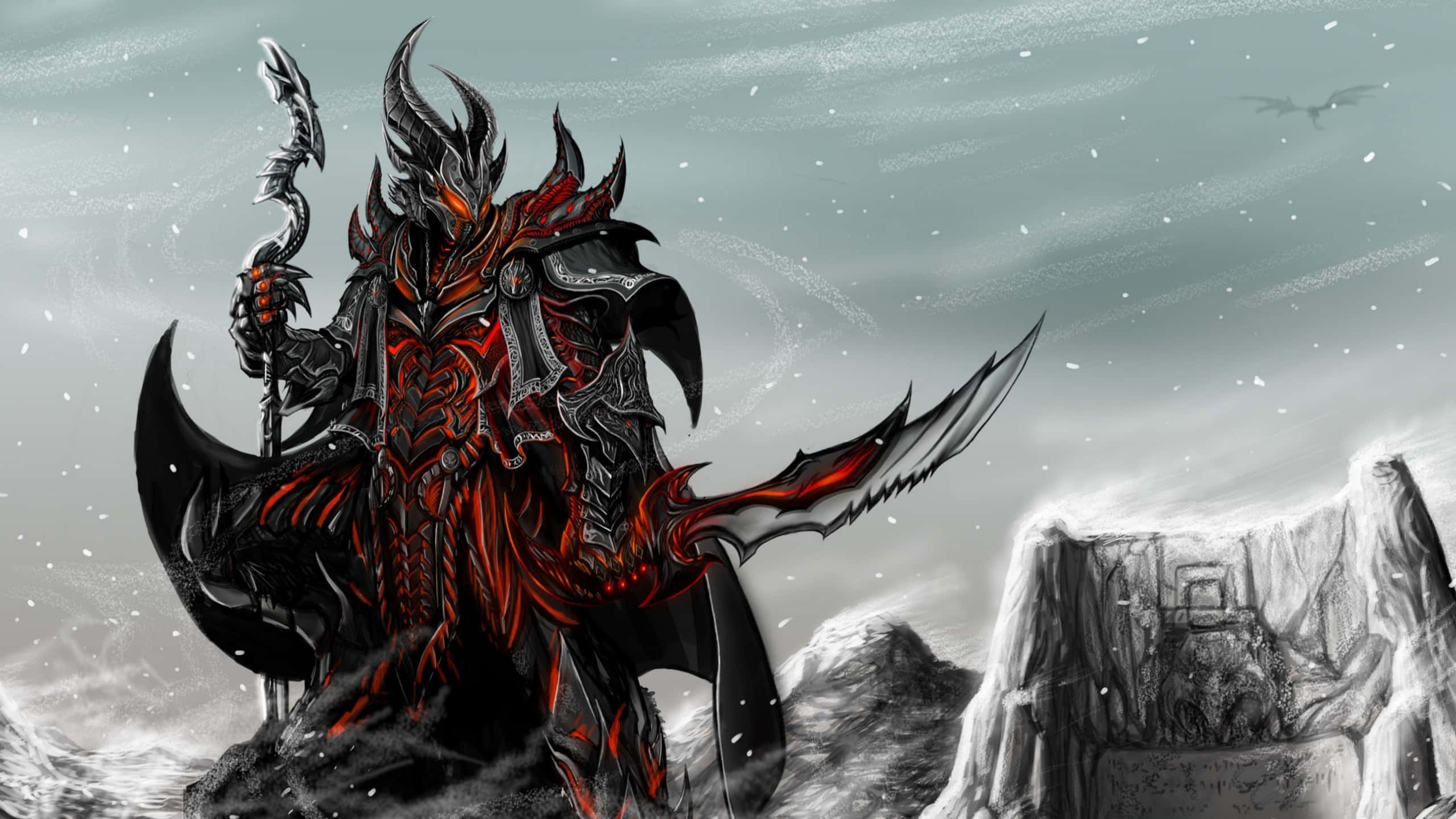 Skyrim, demonic warrior, ornate black and red armor, 2K Desktop Wallpaper