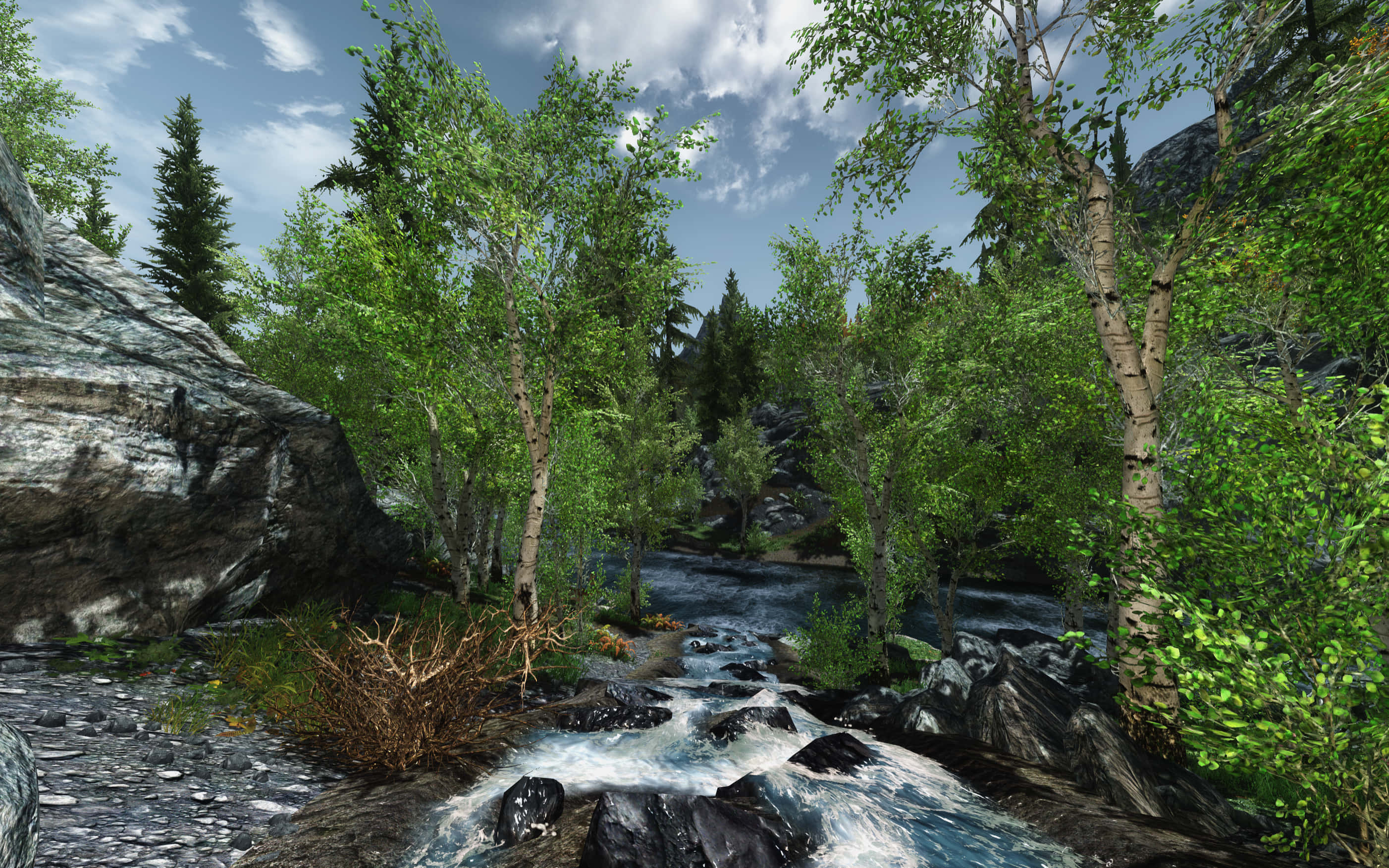 Skyrim Landscape, mountain stream, lush green forest, 2K Desktop Wallpaper
