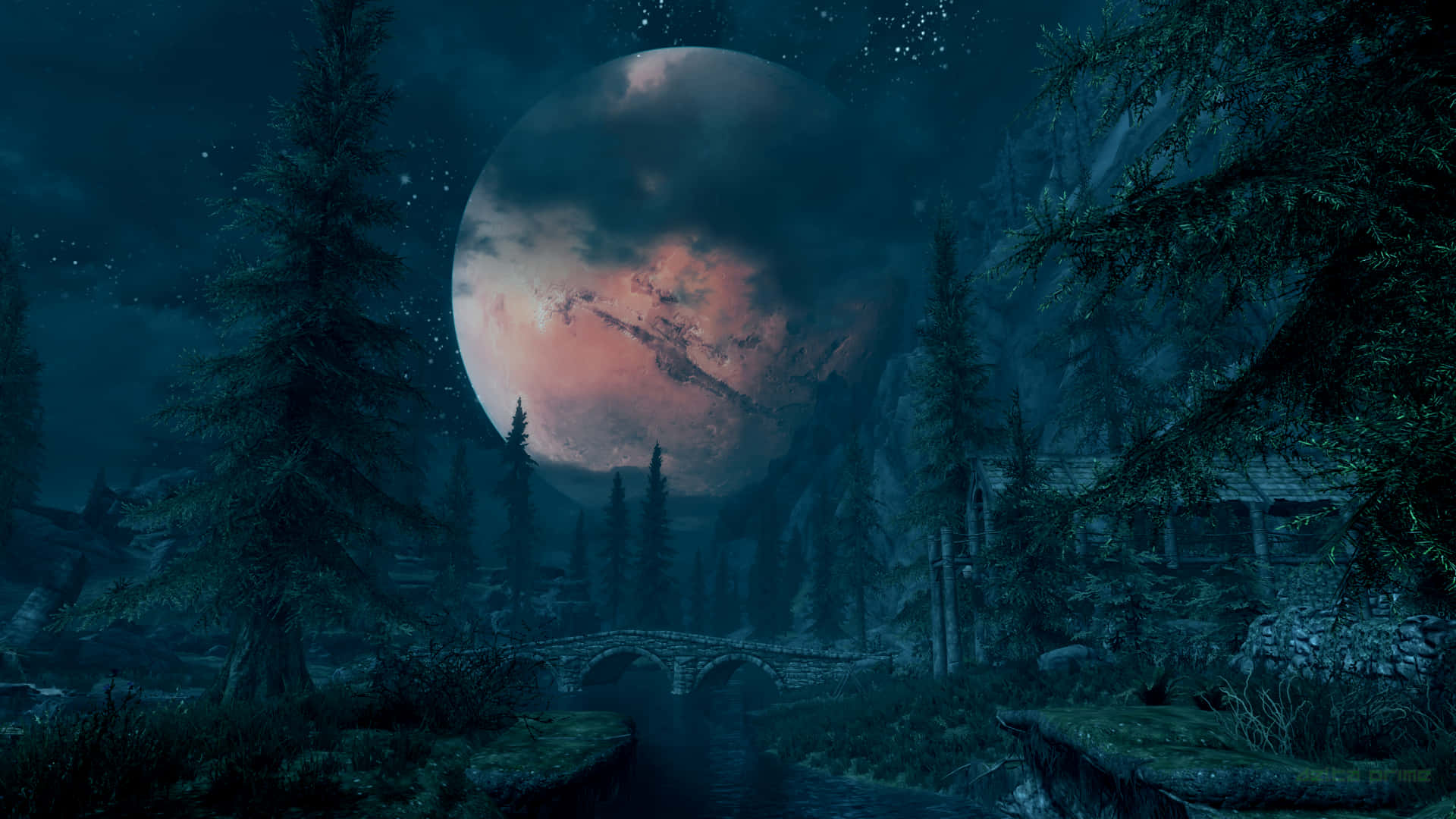 Skyrim Landscape, big moon, mystical forest, Full HD Desktop Wallpaper