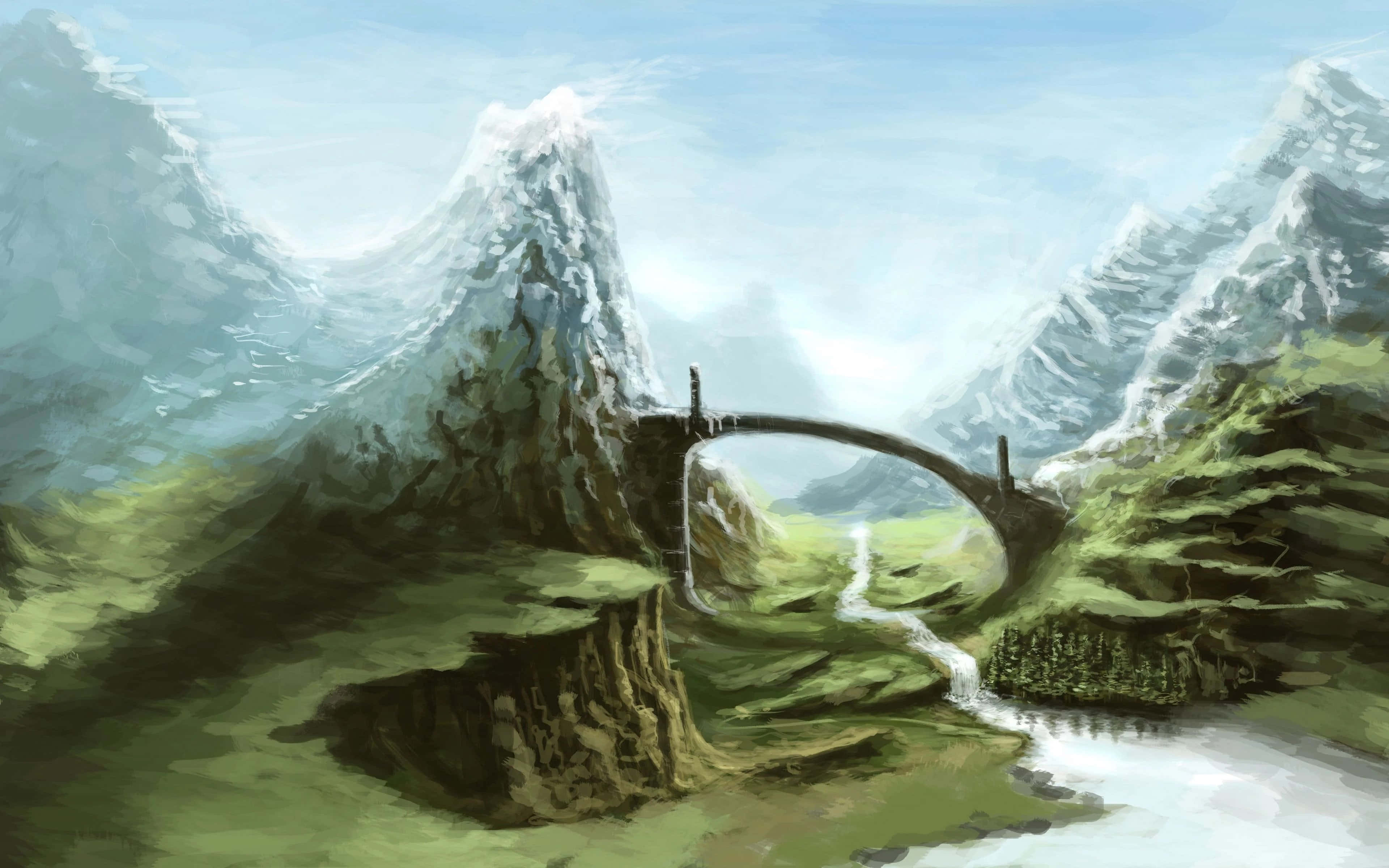 Skyrim Landscape, stone arch bridge, winding river, 4K Desktop Wallpaper