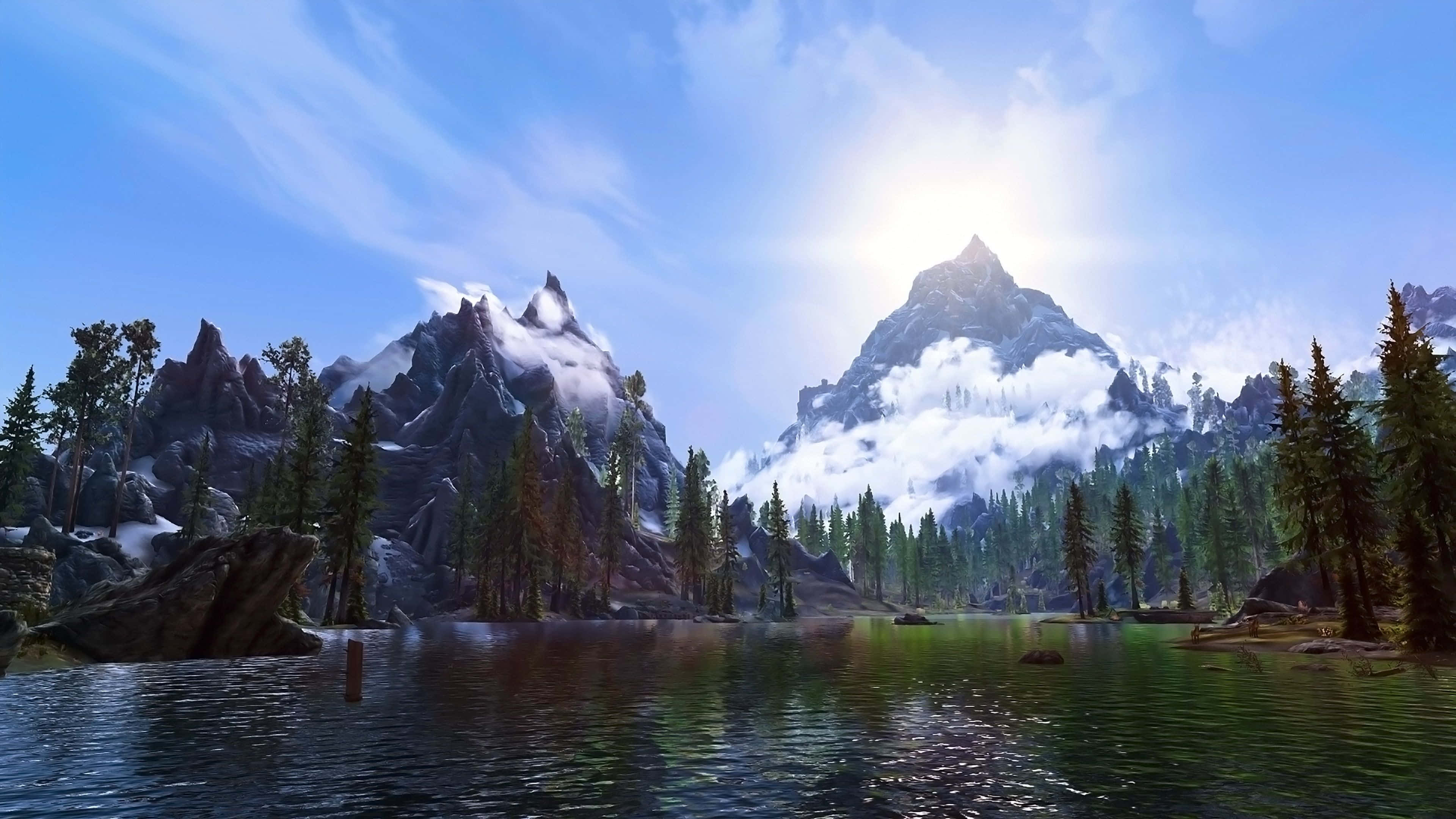 Skyrim Landscape, mountain lake, snow-capped peaks, 4K Desktop Wallpaper