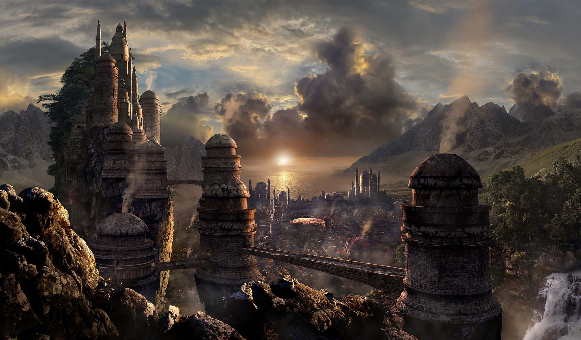Skyrim Landscape, golden sunset, misty valley, Full HD Desktop Wallpaper