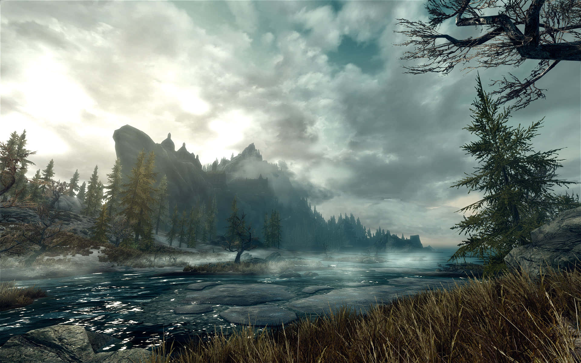 Skyrim Landscape, mountainous background, misty river, Full HD Desktop Wallpaper