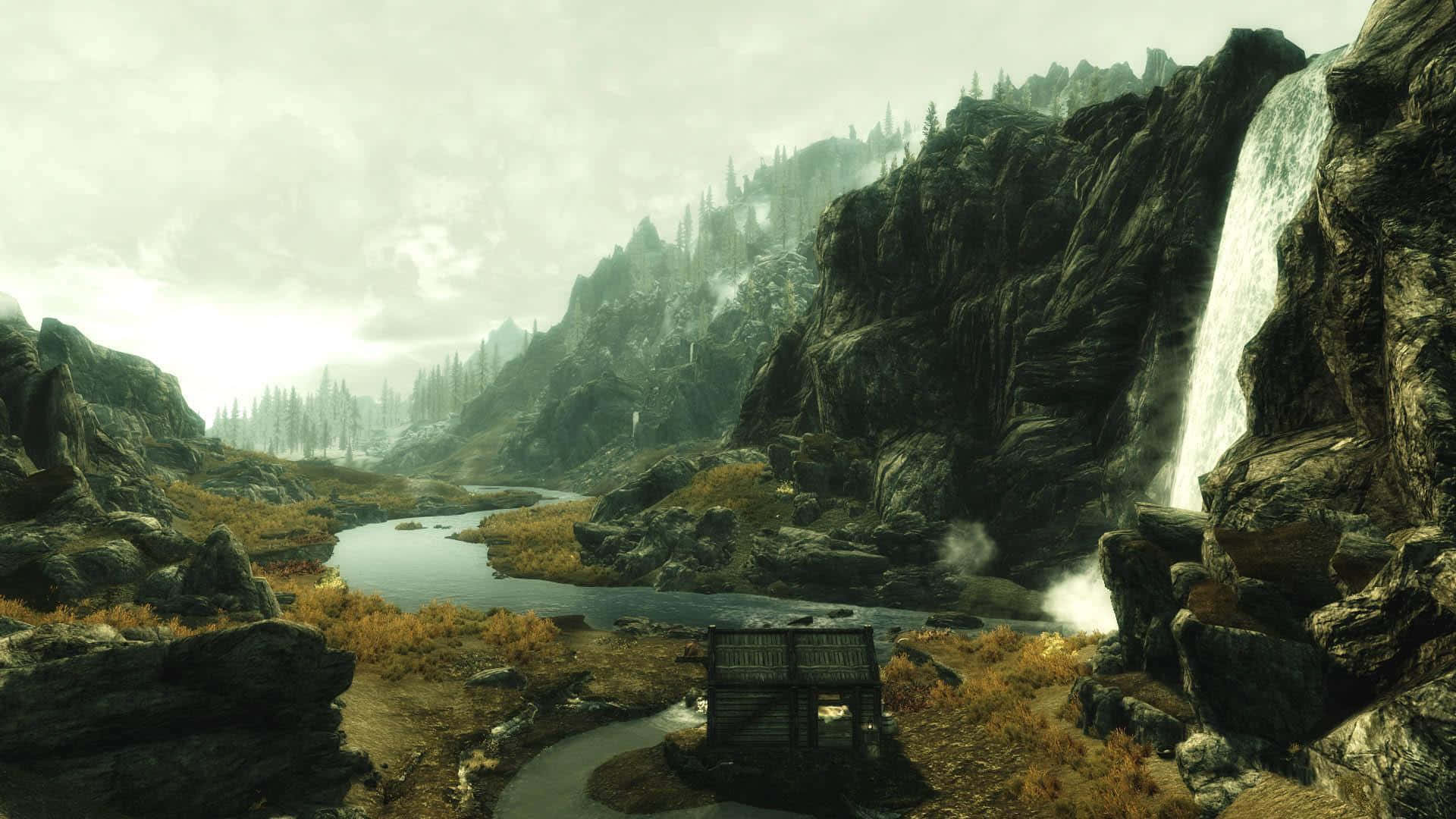 Skyrim Landscape, wooden chest, winding river, Full HD Desktop Wallpaper