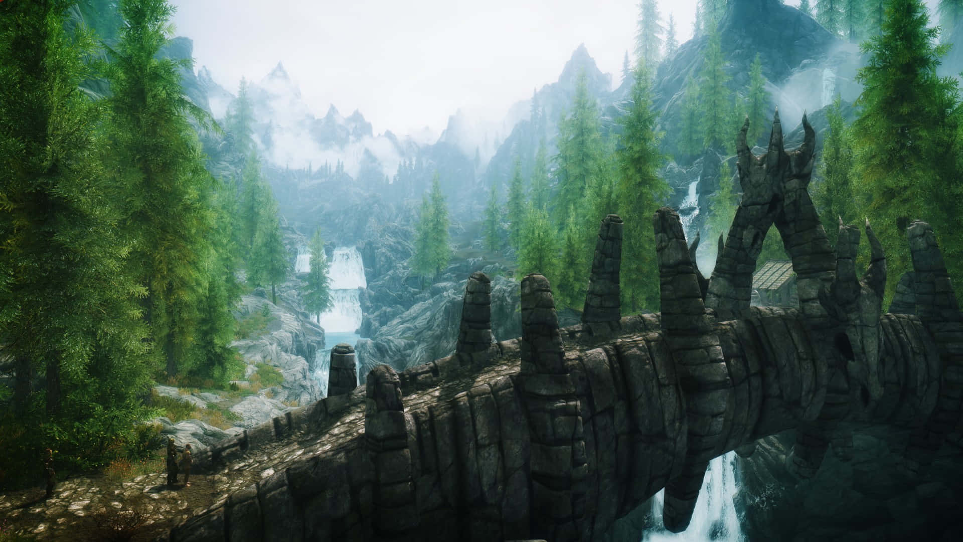 Skyrim Landscape, dusk, ancient stone bridge, Full HD Desktop Wallpaper