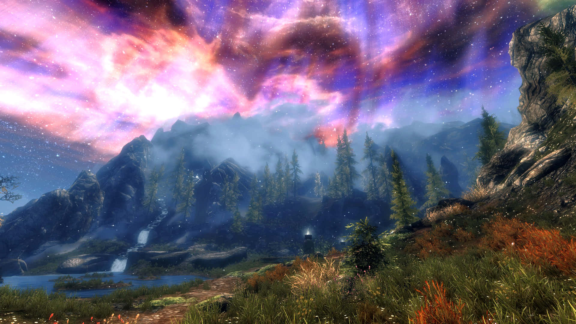 Skyrim Landscape, dusk, mountain valley, Full HD Desktop Wallpaper