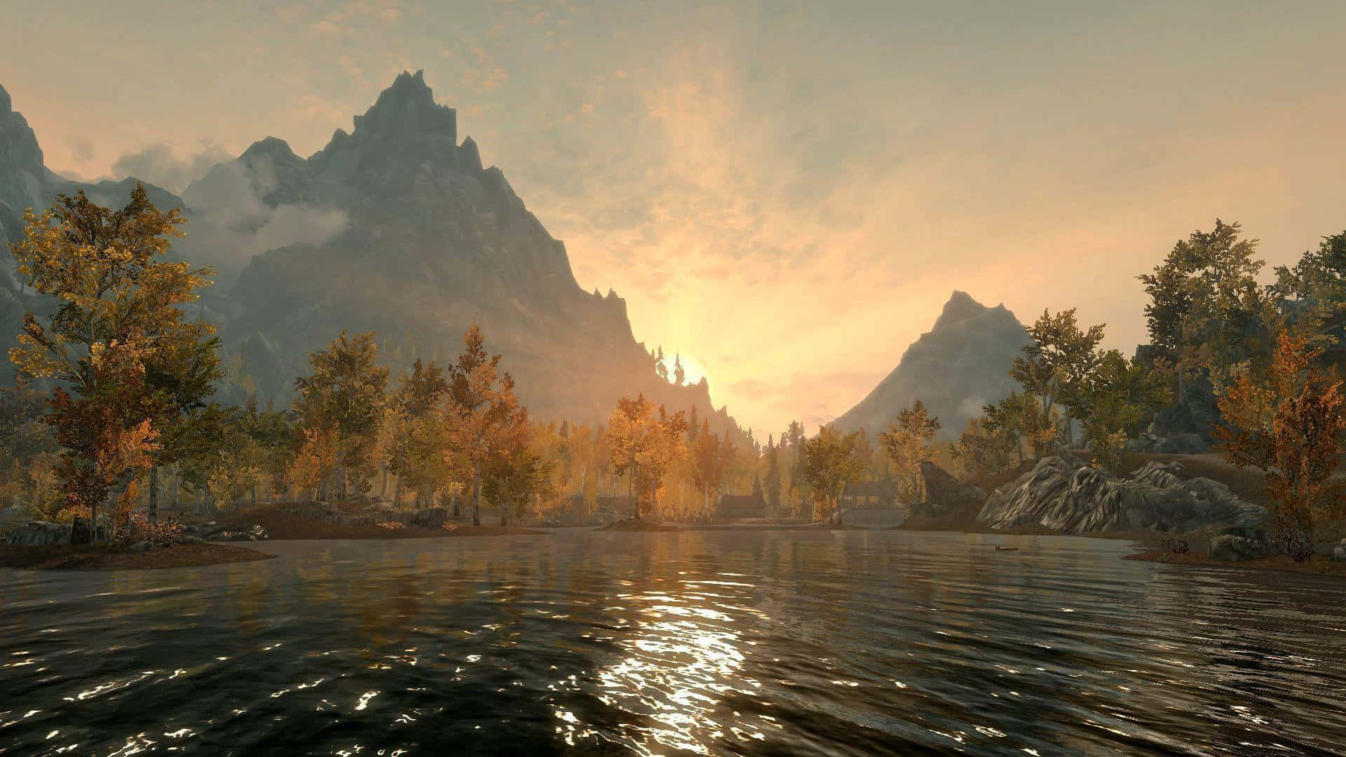 Skyrim, golden sunset, autumn trees, Full HD Desktop Wallpaper