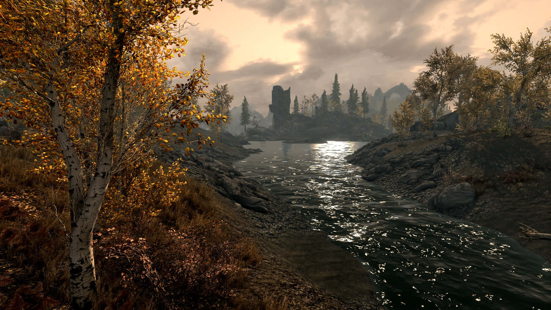 Skyrim, autumn river, birch trees, Full HD Desktop Wallpaper