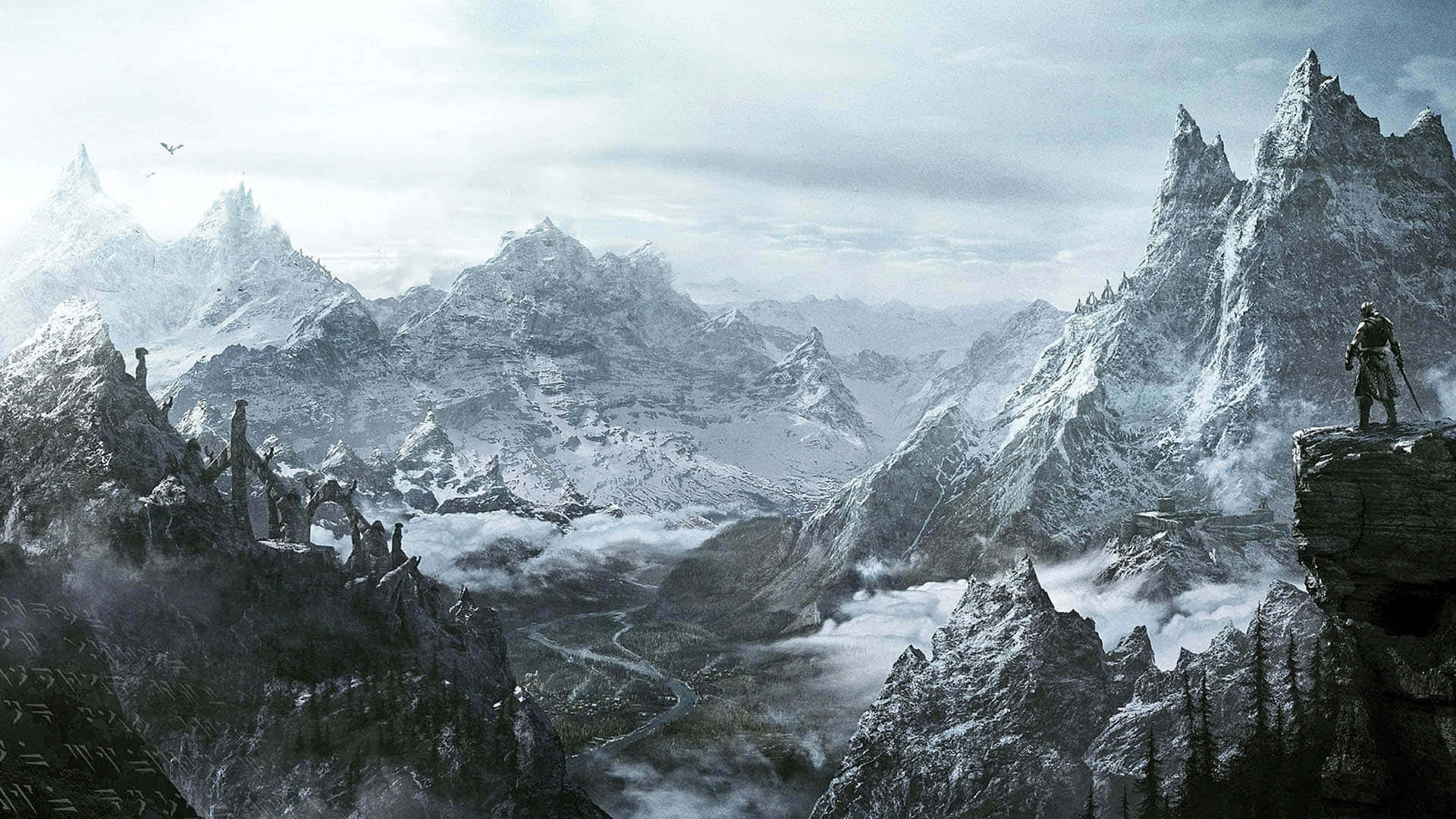 Skyrim Landscape, dusk, snowy mountain peak, Full HD Desktop Wallpaper