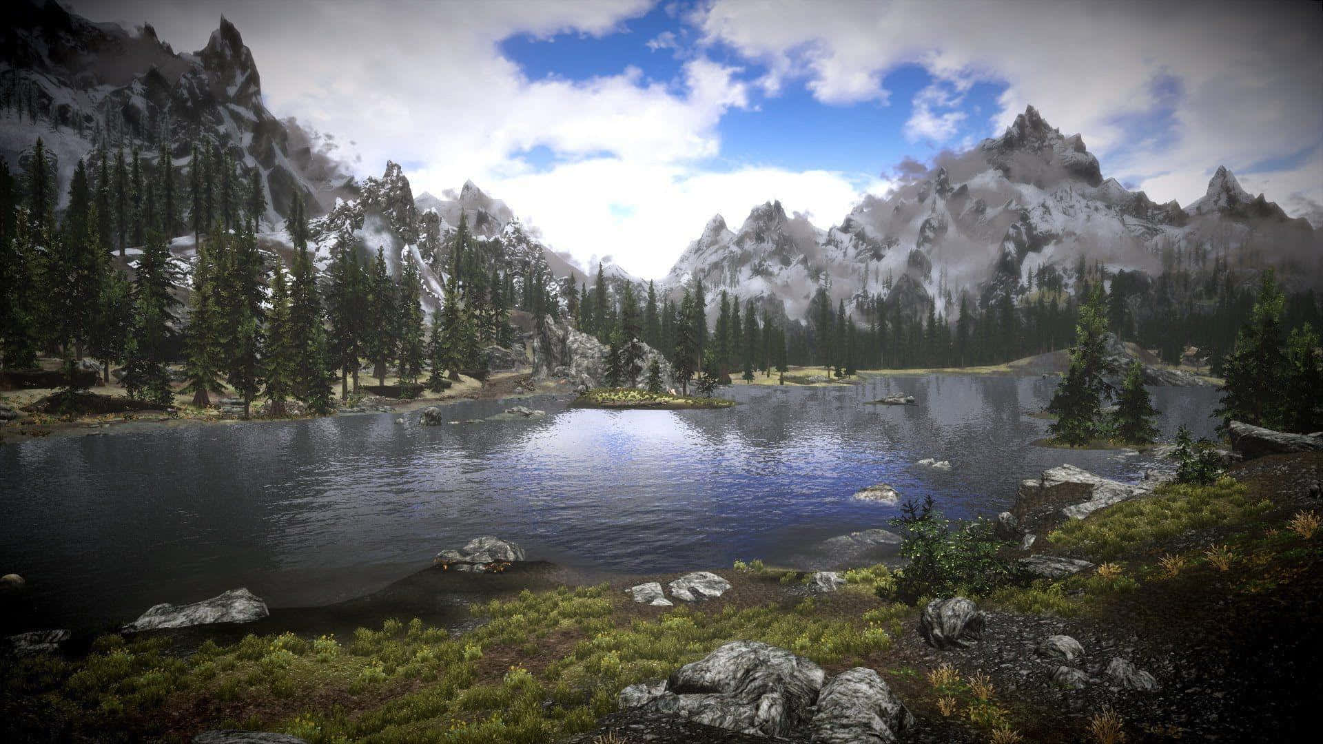 Skyrim Landscape, alpine lake, snowcapped peaks, Full HD Desktop Wallpaper
