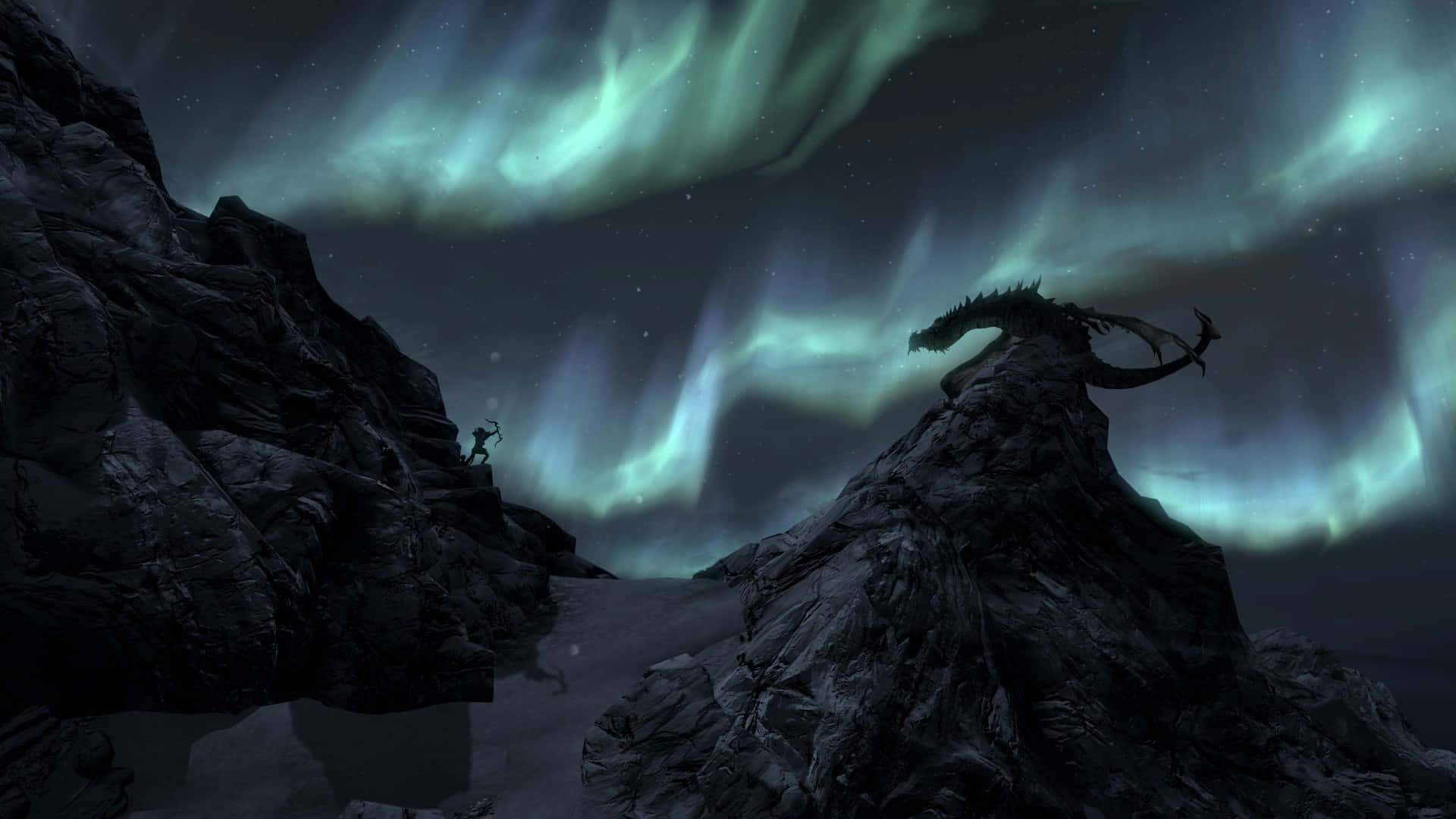 Skyrim Landscape, dusk, rocky cliff, Full HD Desktop Wallpaper