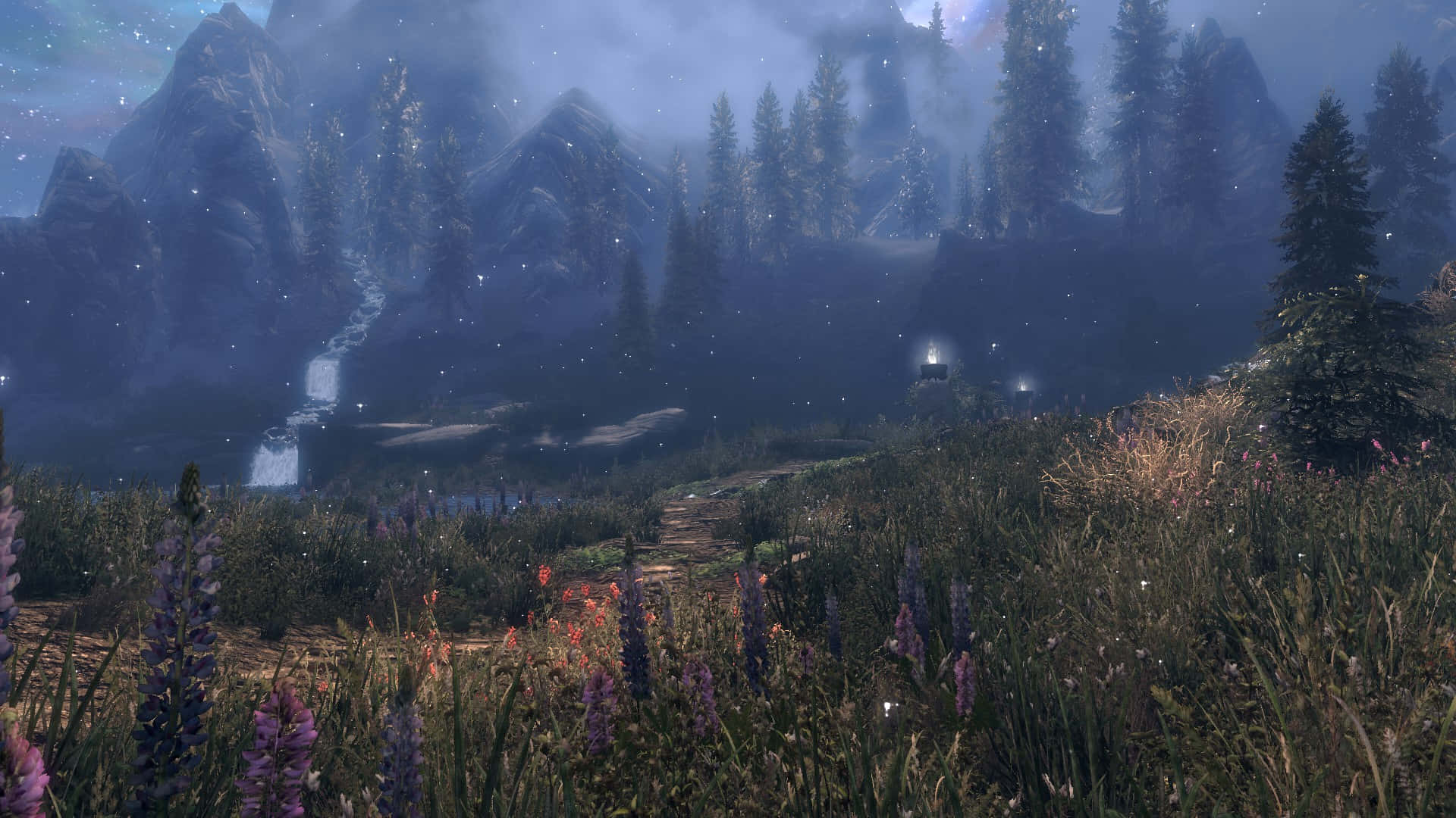 Skyrim Landscape, twilight, misty mountain valley, Full HD Desktop Wallpaper