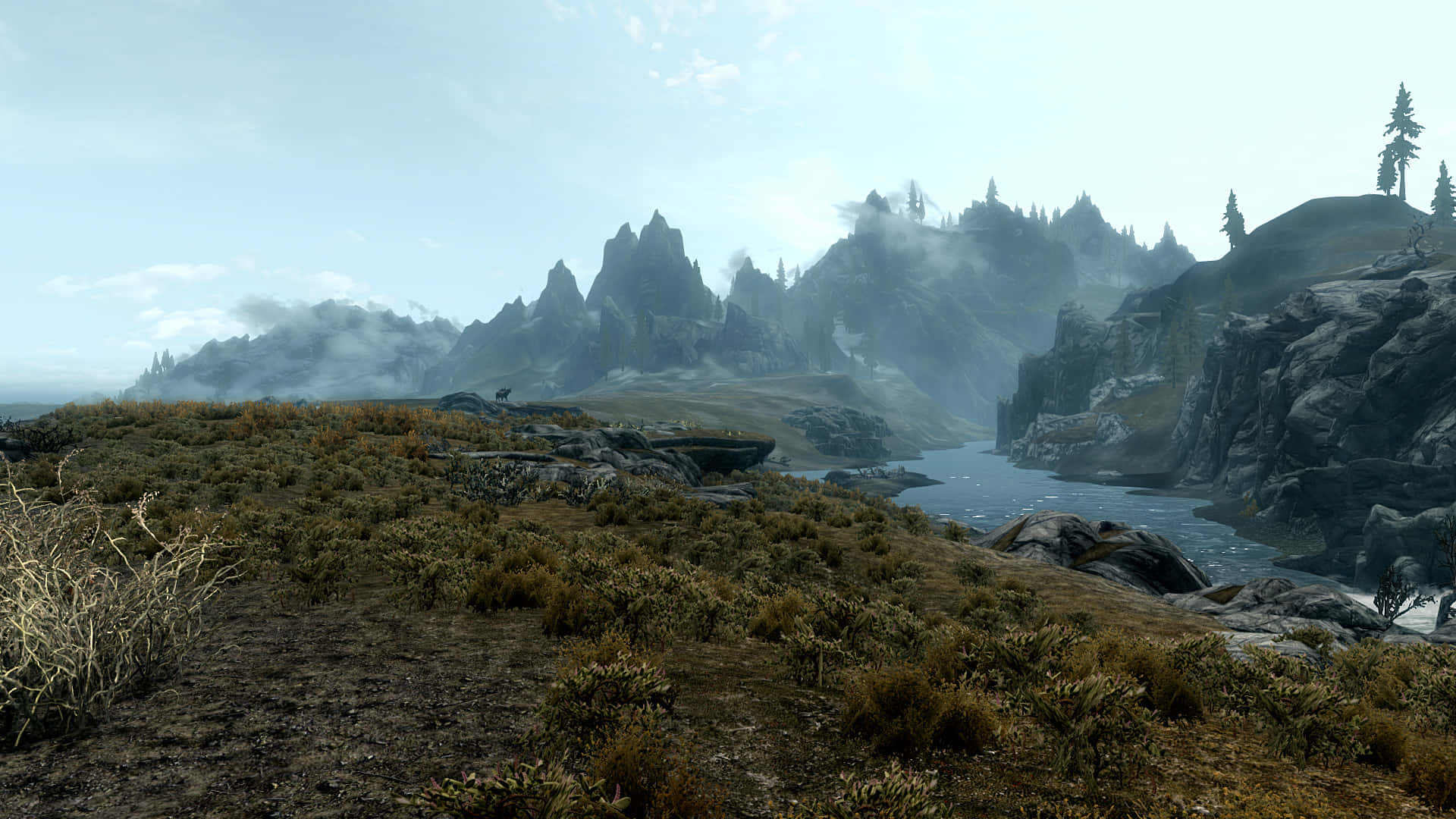 Skyrim Landscape, dawn, misty mountain valley, Full HD Desktop Wallpaper