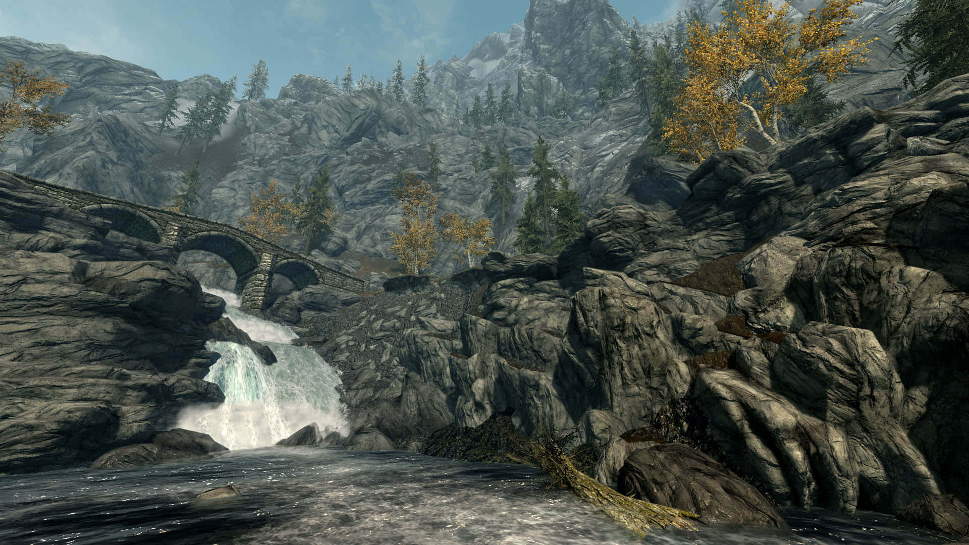 Skyrim Landscape, stone bridge, rushing waterfall, Full HD Desktop Wallpaper